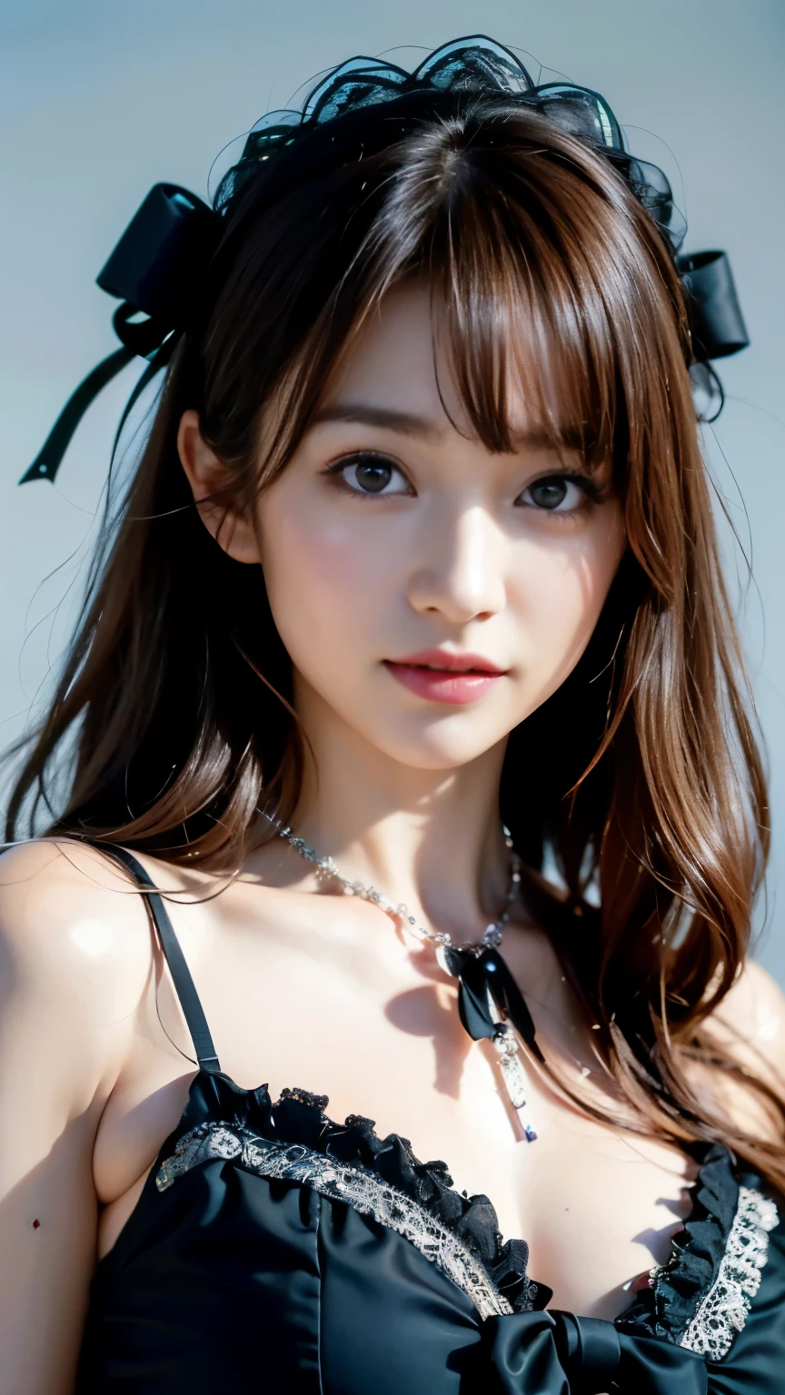 1 Nogizaka Musume、very cute、beautiful girl、19 years old、(gothic  fashion)、beautiful face, Exquisite details of eyes and skin、fine black shiny hair、Classy ruffles、frilled tie、ribbon tie、rose hair accessories、(smile at the camera)、(cowboy shot)、(sea of europe)、professional lighting、break、(realistic、Photoreal:1.37)、8K、(masterpiece)、(highest quality:1.4)、(Super high resolution:1.2)、 (Raw photo:1.2)、(delicate lace、soft fabric、beautiful rose pattern dress)、perfect anatomy、4 fingers and 1 thumb、seaside background、(Wallpaper by Unity 8K)