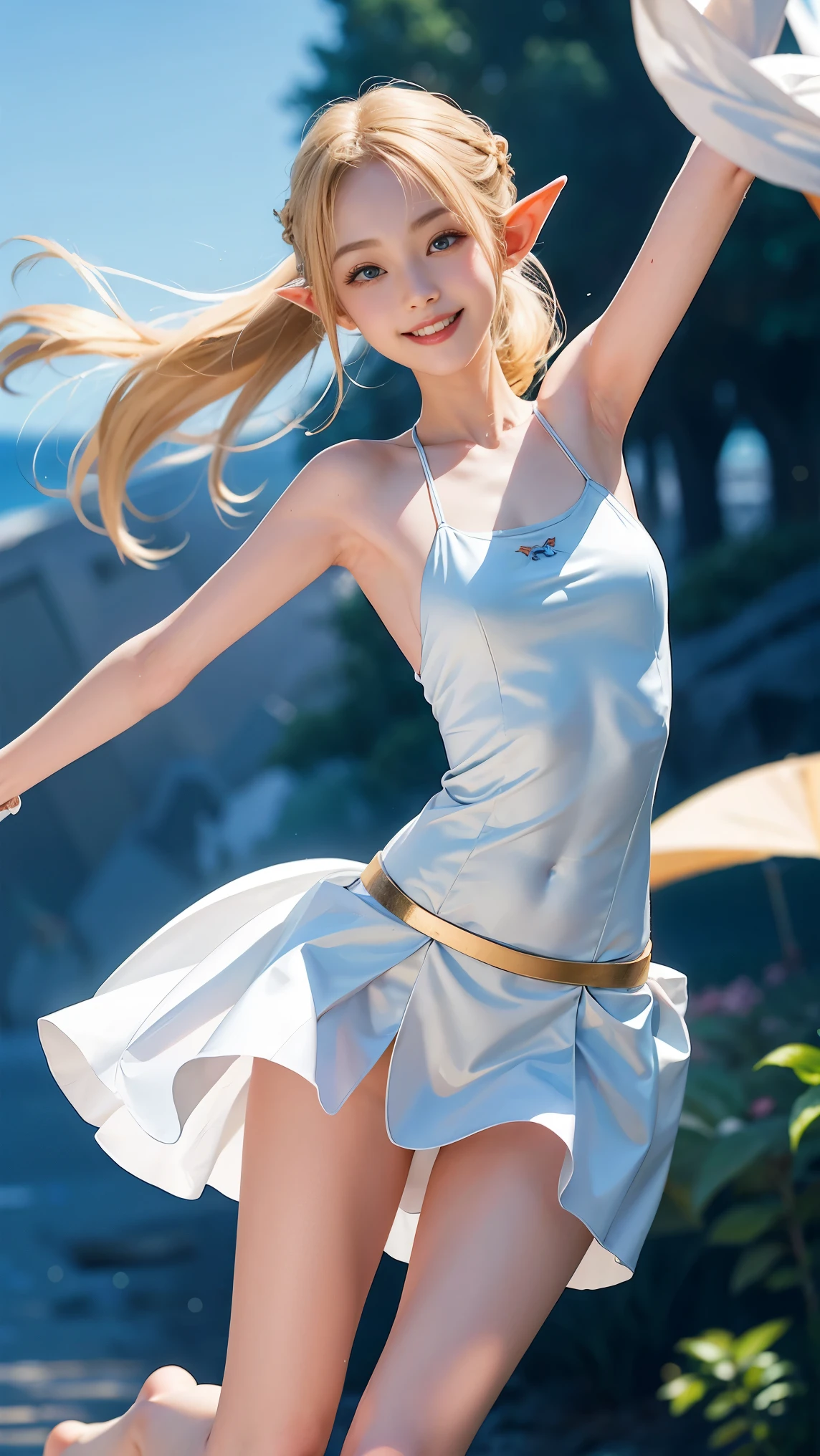 girl, goblin, smile of great joy,beautiful and moving,(((flat chest))),Do a dynamic dance、How to attach a painted ear headband、((((thin arms、thin waist、slender upper body、thin thighs、thin lower body))))、medium long hair、(((blonde hair)))、tropical sandy beach、dazzling smile、micro bikini、full body shot、A bow tie、wear big gold earrings