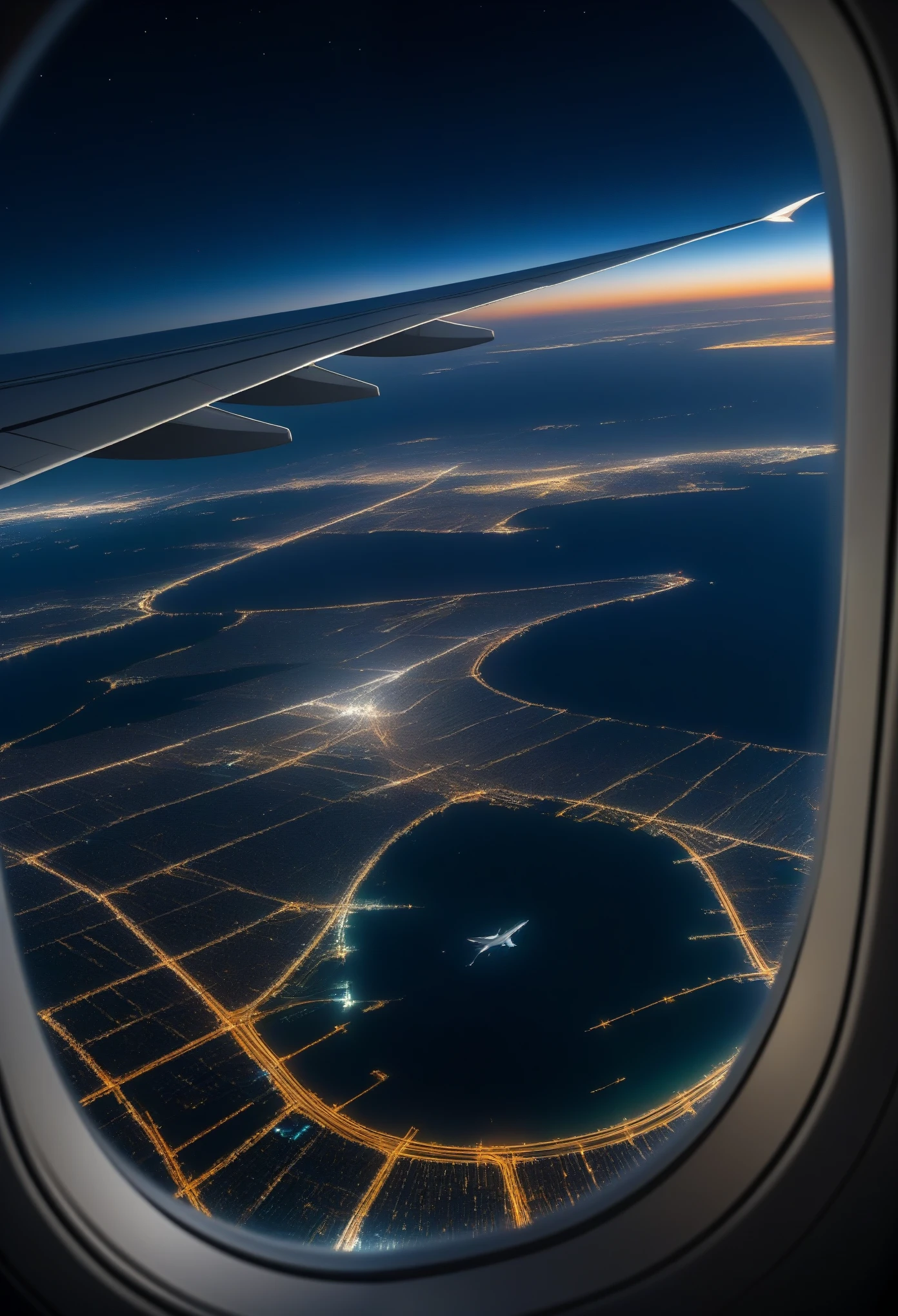 Aerial View. Full airplane window close-up. flight perspective. View from airplane window, stunning view with wings of airplane, in the sky, at midnight, up in the air, night cityscape shots from above, using Smartphone. The scenery outside the window from the plane. masterpiece.