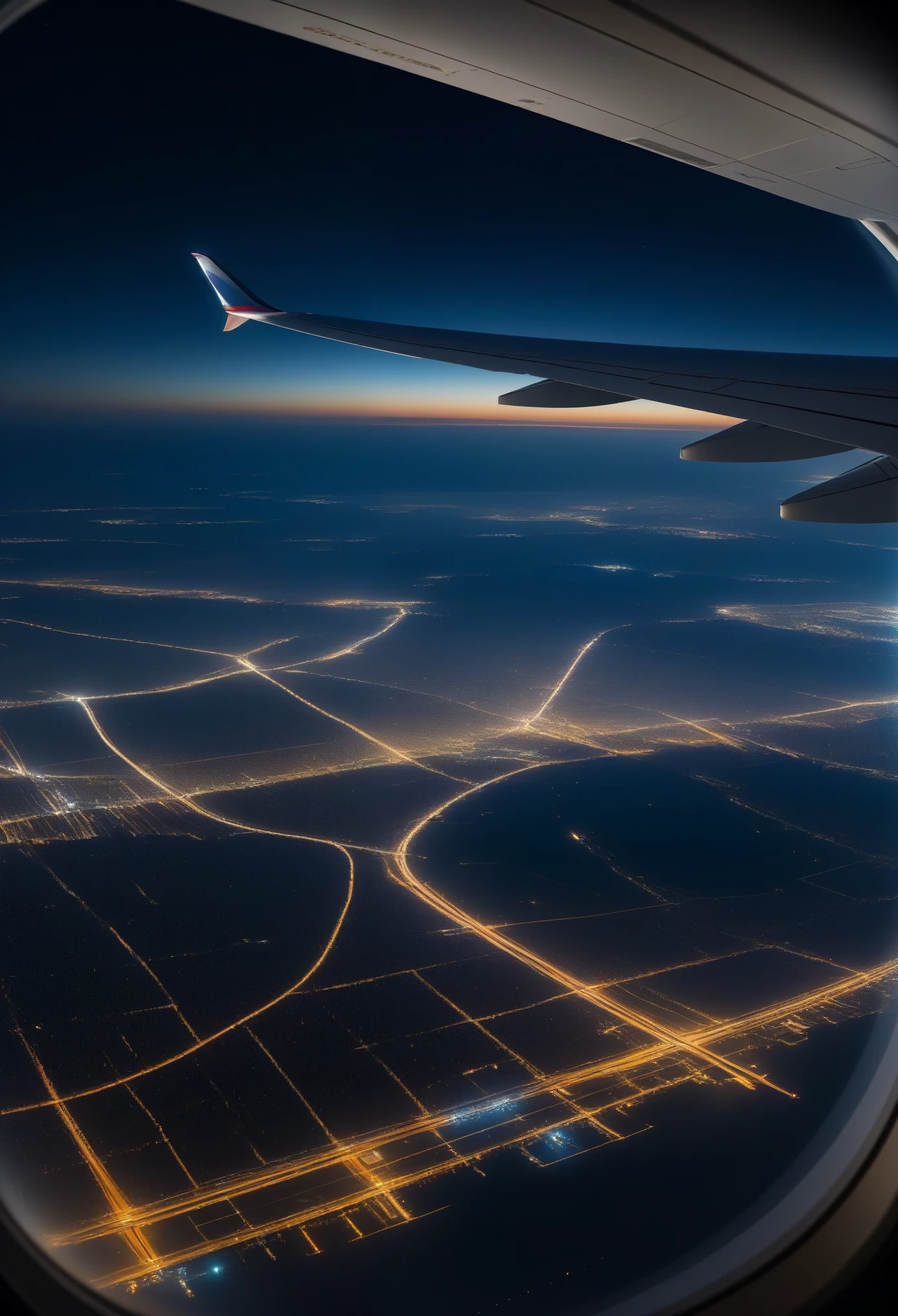 Aerial View.  Full airplane window close-up.  flight perspective.  View from airplane window, stunning view with wings of airplane, in the sky, at midnight, up in the air, night cityscape shots from above, using Smartphone.  The scenery outside the window from the plane.  masterpiece. 
