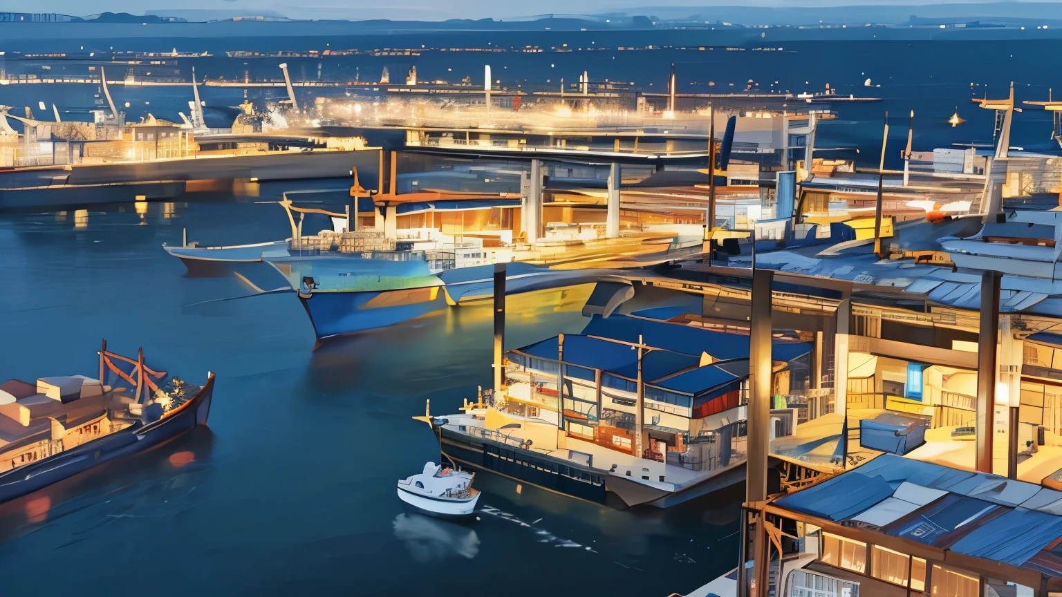 Many large cranes lined up、Aerial photo of a night view of a pier with many large container cargo docks