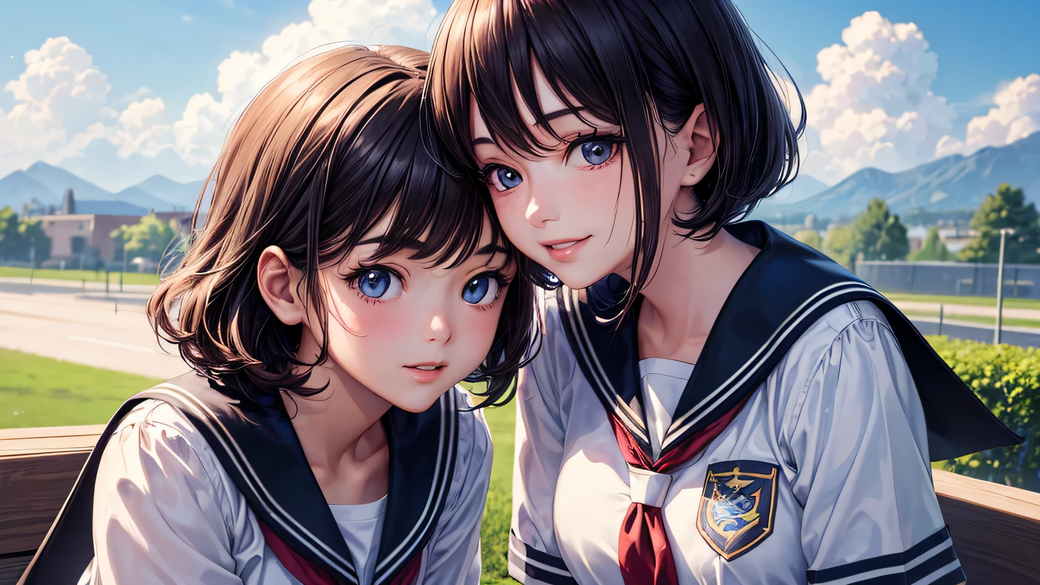 (2 girls:1.2), incredibly beautiful face,, shining smile, short bob, (school uniform, mini skirt:1.2), (highest quality: 1.4), (Super detailed), (highest quality:1.4), (super detailed), Day光, Sunny, cloud, Day, blue sky, (anime illustration), very high resolution, (Upper body), close up face
