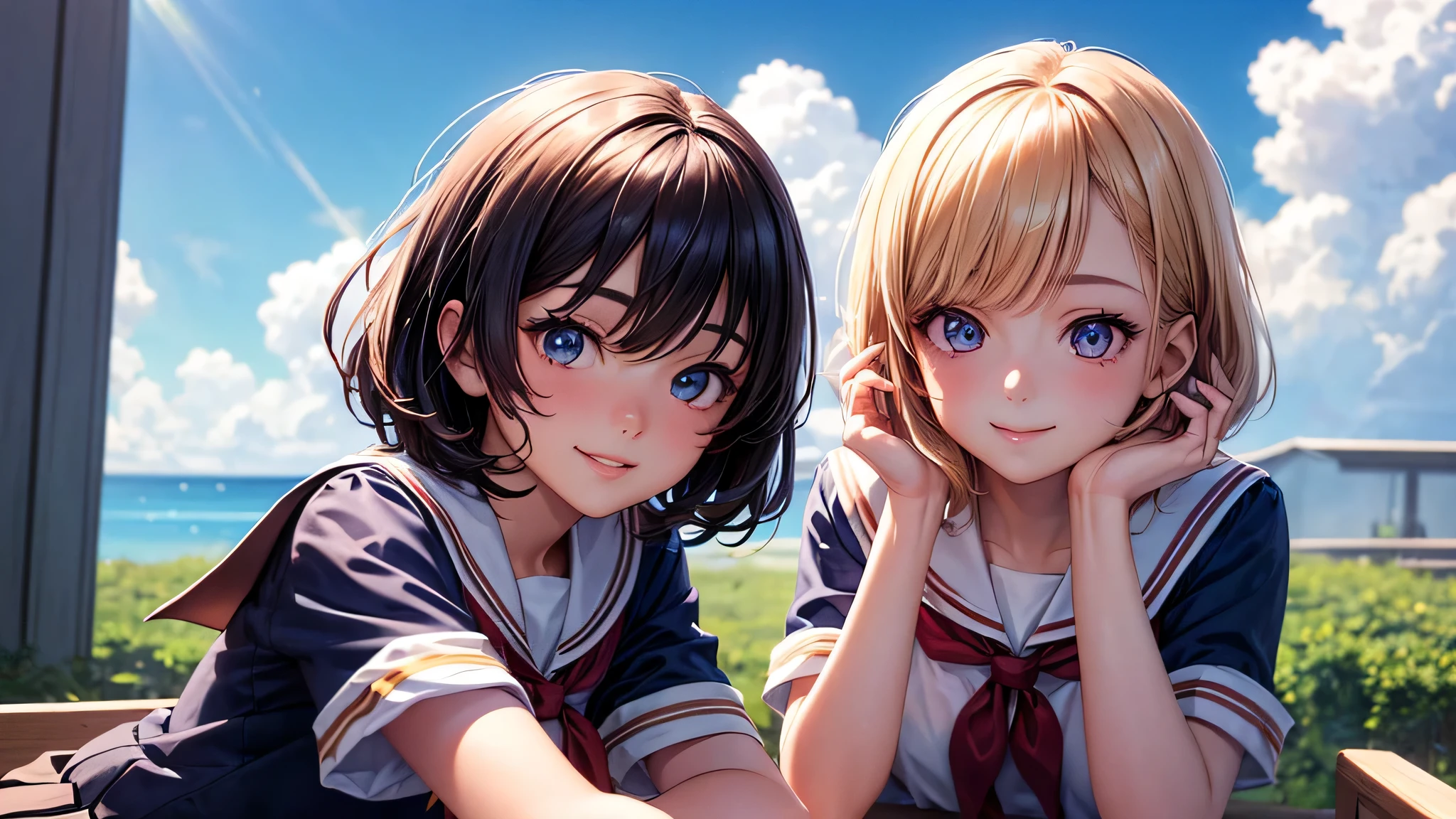 (2 girls:1.2), incredibly beautiful face,, shining smile, short bob, (school uniform, mini skirt:1.2), (highest quality: 1.4), (Super detailed), (highest quality:1.4), (super detailed), Day光, Sunny, cloud, Day,  blue sky, (anime illustration), very high resolution, (Upper body), close up face