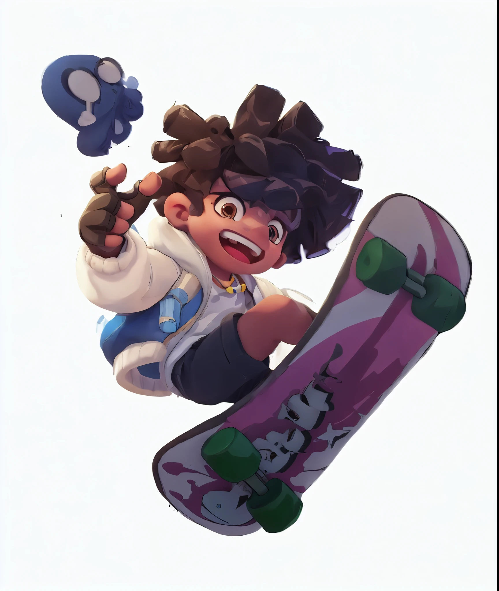 pixarstyle, 1boy, cute, male focus, gloves, dreadlocks, dark-skinned male, dark skin, fingerless gloves, black shorts, shorts, skateboard, shoes, brown hair, white background, jacket, smile, open mouth, simple background, teeth, hood, sneakers, brown eyes, solo, male child, short hair, open clothes, white shirt, open jacket, hoodie, necklace, long sleeves, shirt