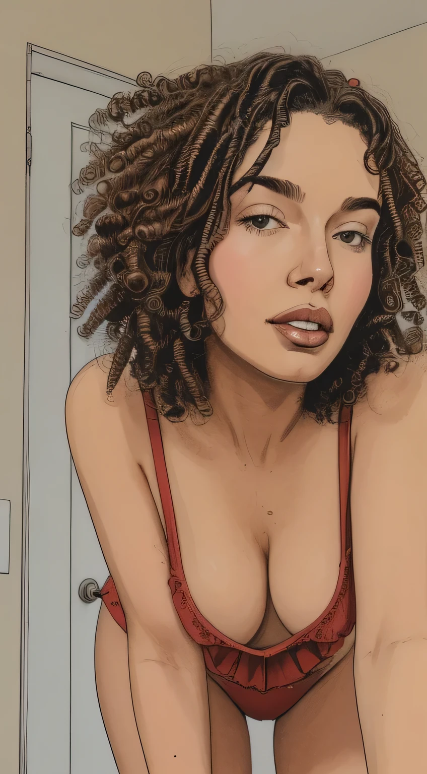 close-up, looking at viewer, girl in, 25, Solo, Aesthetic artwork, curly brown hair, A-cup, runners body, (gape, textured skin, skin pores, open mouth:1.1), goosebumps, in a red sundress, downblouse, sexy, taking a close-up selfie, no hands ((hands hidden, open mouth)), nipslip