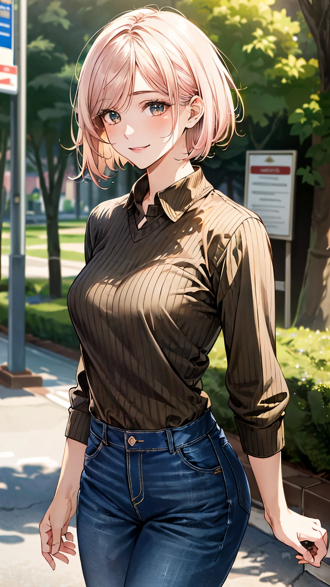 (masterpiece:1.3, top-quality), ultra high res, ultra detailed, (realistic, photorealistic:1.4), beautiful illustration, perfect lighting, colorful, depth of fields,
looking at viewer, 1 girl, solo, college school girl, (large breasts:0.8, large ass, seductive thighs, skindentation),
(short hair:1.5, bob cut:1.2, light pink hair), swept bangs, (chocolate-colored) eyes, big eyes, shiny skin, slender, (tiny),
beautiful hair, beautiful face, extremely detailed face, beautiful detailed eyes, beautiful clavicle, beautiful body, beautiful chest, beautiful thigh, beautiful legs, beautiful fingers,
(detailed cloth texture, (light brown) long sleeve v-neck sweater, collared chartreuse-green shirt, closed shirt, denim trousers),
(beautiful scenery), morning, (outside university), standing, (grin),