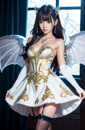 darkside, female focus on, Girls' Front, standing on one leg, wet, hime cut, snowflakesdetailed cute anime face, beautiful detailed cold face, Slightly open mouth, heterochromic, gold and silver lace, piercing, gem necklace, dargon wings, Crystalline purple gemstone gloves, sword, beautiful detailed dress, high heels, The skirt sways with the wind, Bare shoulder, garter straps, light brown Clothes,