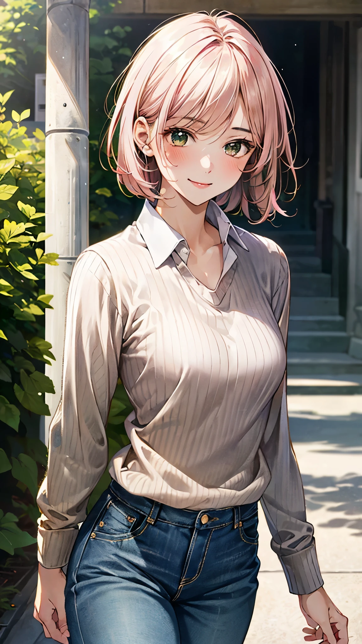 (masterpiece:1.3, top-quality), ultra high res, ultra detailed, (realistic, photorealistic:1.4), beautiful illustration, perfect lighting, colorful, depth of fields,
looking at viewer, 1 girl, solo, college school girl, (large breasts:0.8, large ass, seductive thighs, skindentation),
(short hair:1.5, bob cut:1.2, light pink hair), swept bangs, (chocolate-colored) eyes, big eyes, shiny skin, slender, (tiny),
beautiful hair, beautiful face, extremely detailed face, beautiful detailed eyes, beautiful clavicle, beautiful body, beautiful chest, beautiful thigh, beautiful legs, beautiful fingers,
(detailed cloth texture, (light brown) long sleeve v-neck sweater, collared chartreuse-green shirt, closed shirt, denim trousers),
(beautiful scenery), morning, (outside university), walking, (ok sign), (happy smile, upper eyes),