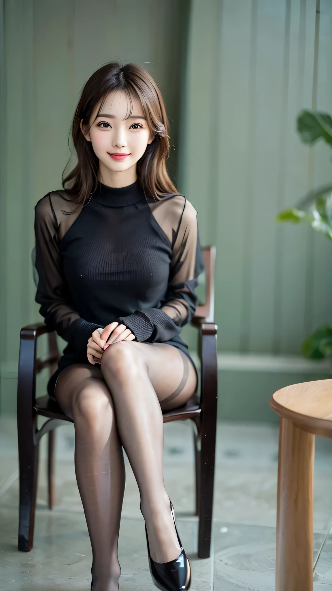 elegant woman sitting on a chair, amazingly cute face、popular makeup、korean female fashion model, (super realistic pantyhose:1.5)、black stockings、cute one piece、very beautiful legs, Cute elegant pose, korean girl, very beautiful long legs, pretty face with arms and legs, エレガントなsmileのポーズ, 全身cute young woman, gorgeous young korean woman, slim girl model photo, cute young woman、realistic skin texture、shiny skin、smile、