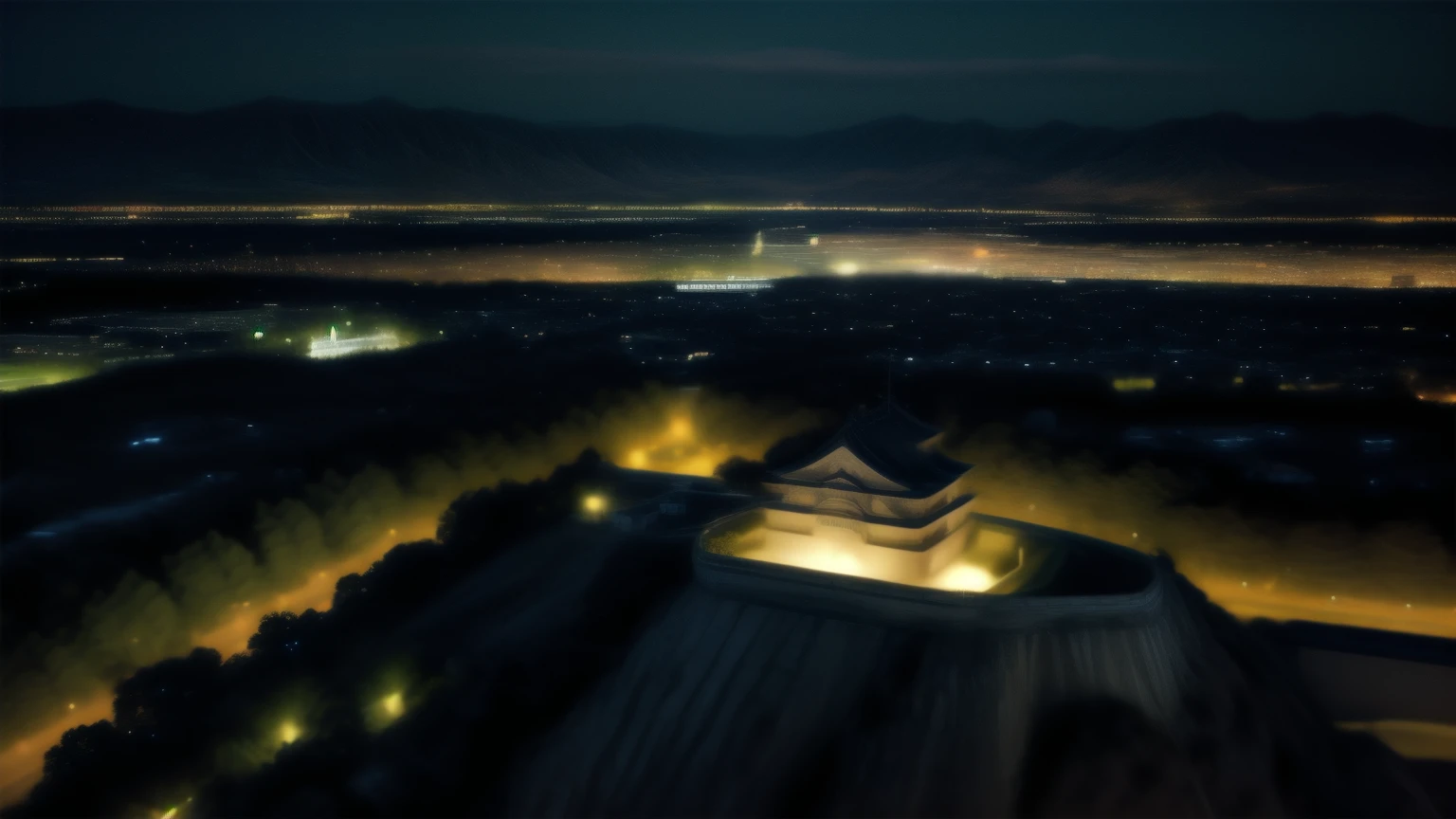 Aerial photo of Himeji Castle illuminated at night