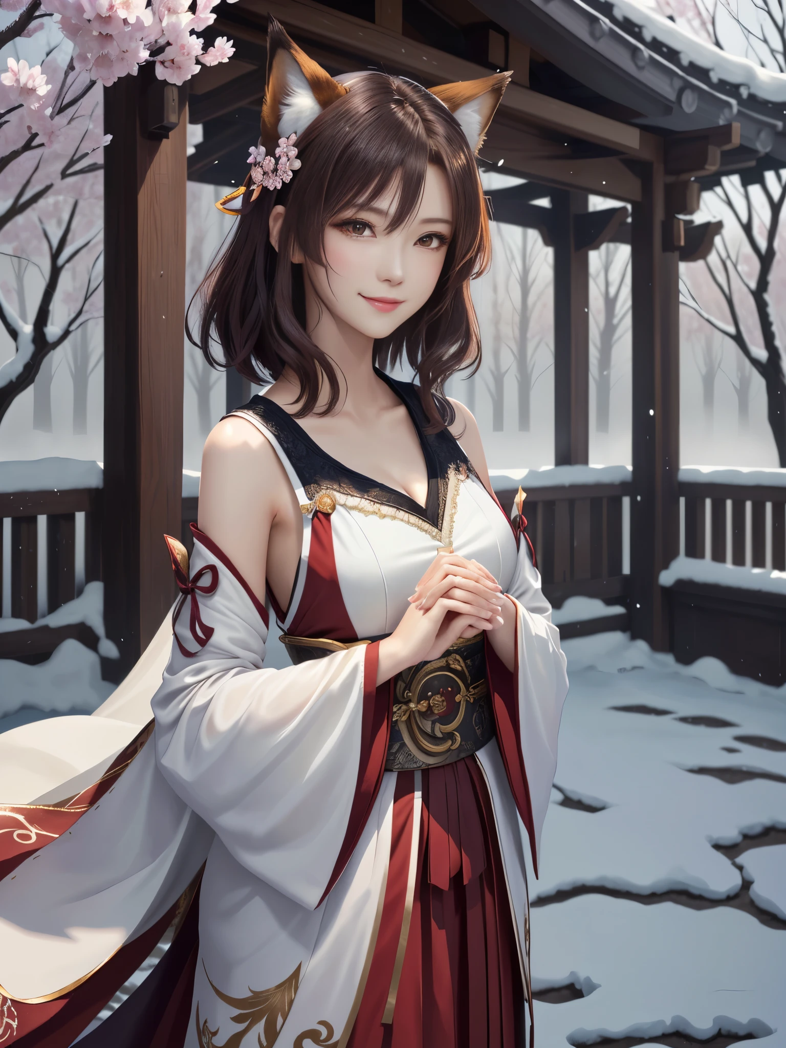 masterpiece , best quality,smile,smile,small face,shoulder exposure,less exposure,light brown hair,beautifully curled hair,slender body shape,brown eyes,sharp contrast,short hair,Beautiful short hair,Berry Short,short cut hair,just one person,precision quality,Faithfully reproduced eyes, The surroundings are shining gold,一面に咲くcherry blossom background,snow scene,masterpiece, 幻想的なcherry blossom background,night,nightの背景,cherry blossom background,beautiful details, colorful, delicate details, delicate lips, intricate details, genuine, ultrargenuineista, 枝に座っている色とりどりの髪のFoxを持つ女の子:Mature, eyes, ,色とりどりのFox, raposa de nine tails, 三尾Fox, 三尾Fox, onmyoji detail art, beautiful fine art illustration, mythical creatures, Fox, beautiful digital art,shrine maiden,hold hands,exquisite digital illustration, mizutsune, Inspired by mythical wild web creatures, pixiv in digital art, shining light, high contrast, Mysterious,