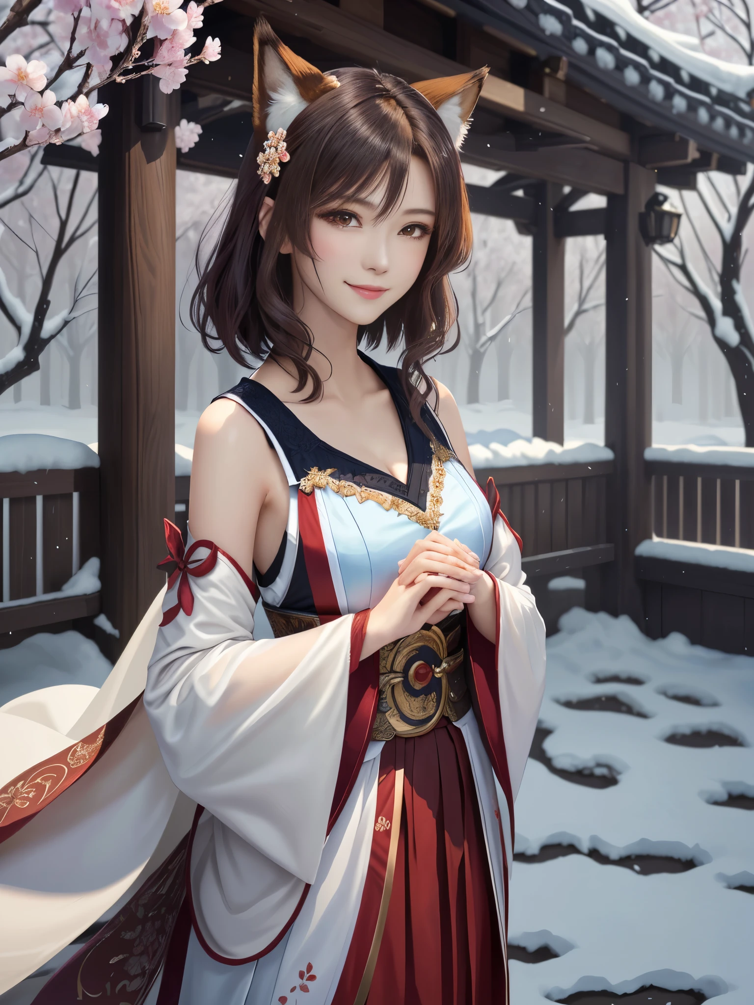 masterpiece , best quality,smile,smile,small face,shoulder exposure,less cleavage exposure,light brown hair,beautifully curled hair,slender body shape,brown eyes,sharp contrast,short hair,Beautiful short hair,Berry Short,short cut hair,just one person,precision quality,Faithfully reproduced eyes, The surroundings are shining gold,一面に咲くcherry blossom background,snow scene,masterpiece, 幻想的なcherry blossom background,night,nightの背景,cherry blossom background,beautiful details, colorful, delicate details, delicate lips, intricate details, genuine, ultrargenuineista, 枝に座っている色とりどりの髪のFoxを持つ女の子:Mature, bright eyes, ,色とりどりのFox, raposa de nine tails, 三尾Fox, 三尾Fox, onmyoji detail art, beautiful fine art illustration, mythical creatures, Fox, beautiful digital art,shrine maiden,hold hands,exquisite digital illustration, mizutsune, Inspired by mythical wild web creatures, pixiv in digital art, shining light, high contrast, Mysterious,