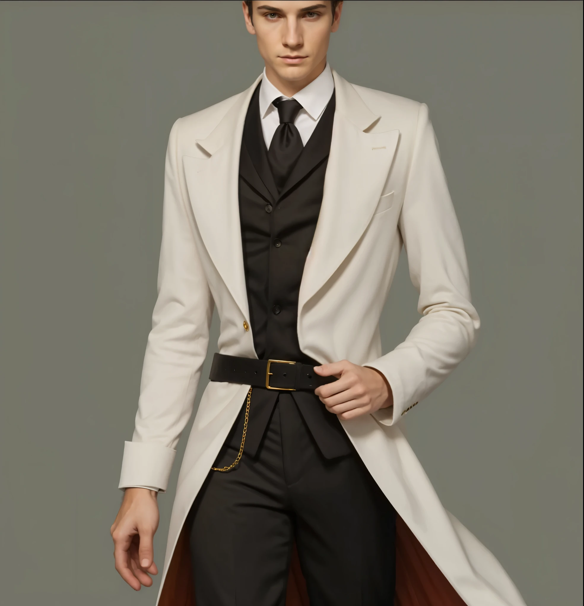 Reference sheet: 1.8, great details, high quality, masterful work, Tall Boy, Beautiful face, long pants, art in bootasterpiece, A high resolution, high quality: 1.2), complex parts, cinematic lighting, Clear Focus, depth of field, White coat, black pants, black shoes with gold toe, Gold Elements, brunette, an aristocrat,
