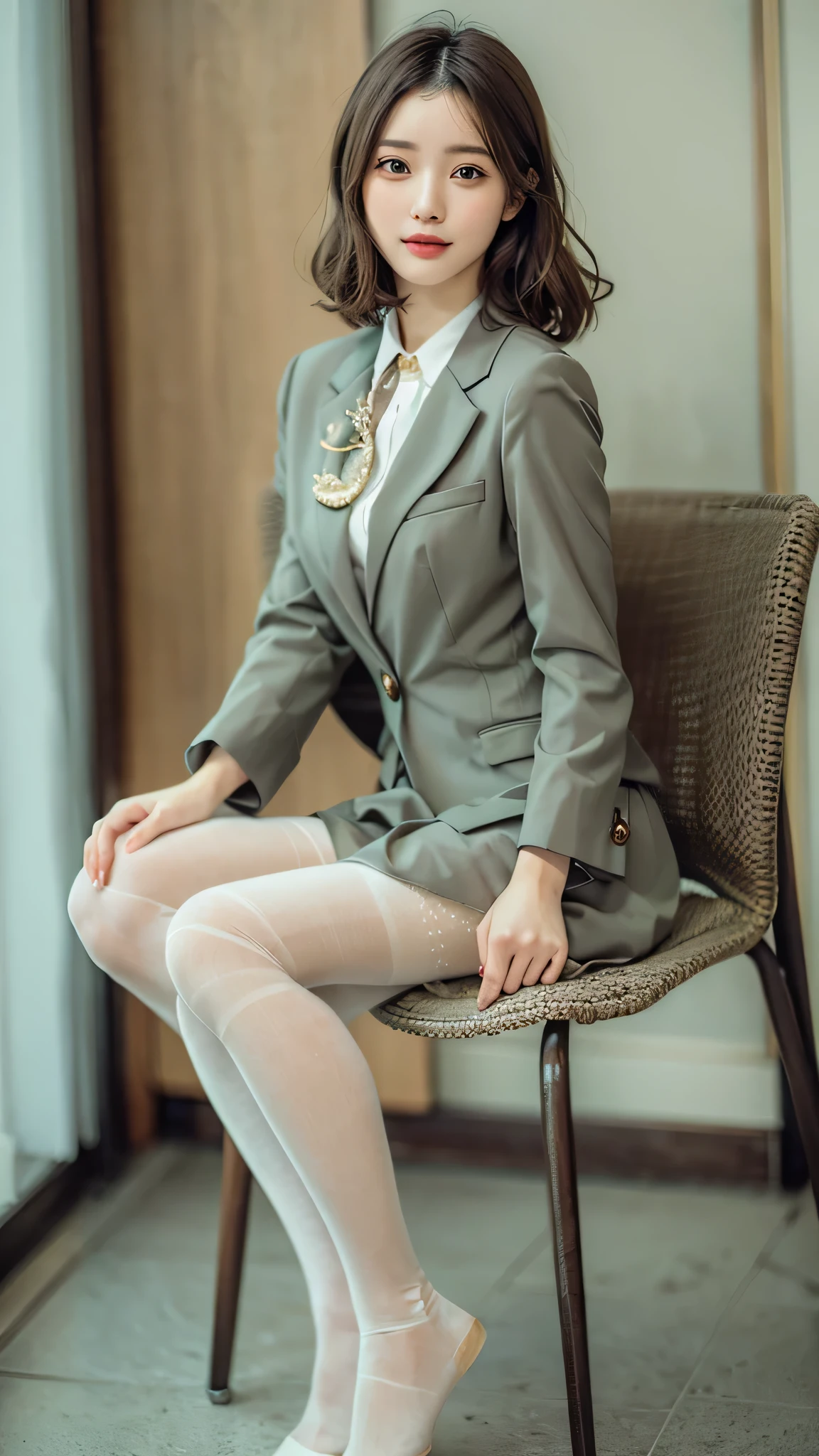 elegant woman sitting on a chair, amazingly cute face、popular makeup、korean female fashion model, (super realistic pantyhose:1.5)、black stockings、cute one piece、very beautiful legs, Cute elegant pose, korean girl, very beautiful long legs, pretty face with arms and legs, elegant smile pose, 全身cute young woman, gorgeous young korean woman, slim girl model photo, cute young woman、realistic skin texture、shiny skin、looked back、exposed thighs!!!、