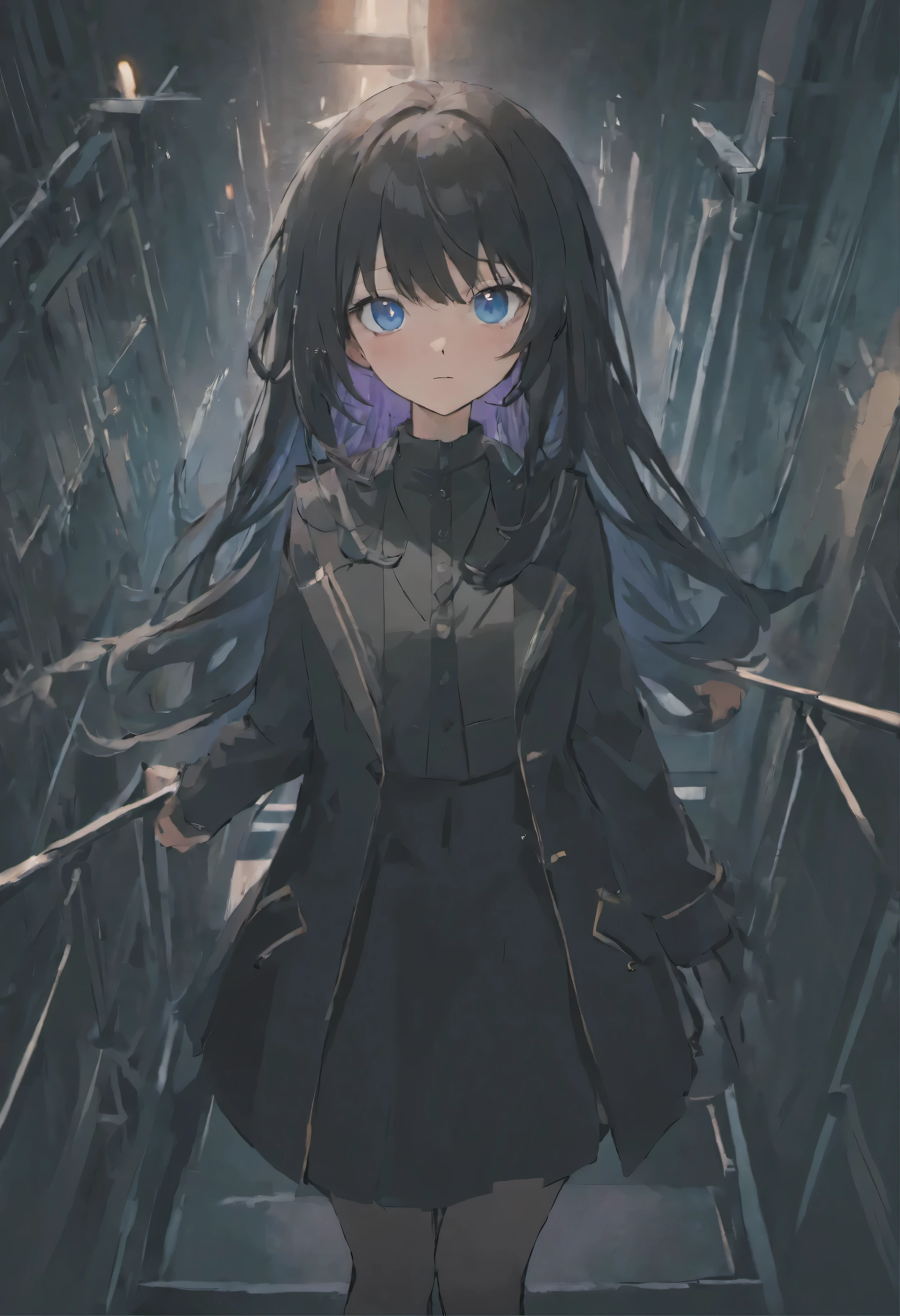 long black hair blue eyes thin I feel the coldness in the beauty Remains hairpin average length Body direction is front dark Eye level is horizontal Classic British style women's fashion There'There is no light in my eyes