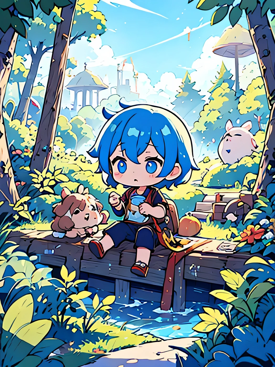 Blue,A three-old boue haand big eyes,On the bridge of rainbows,Surrounded by a colorful fantasy world。