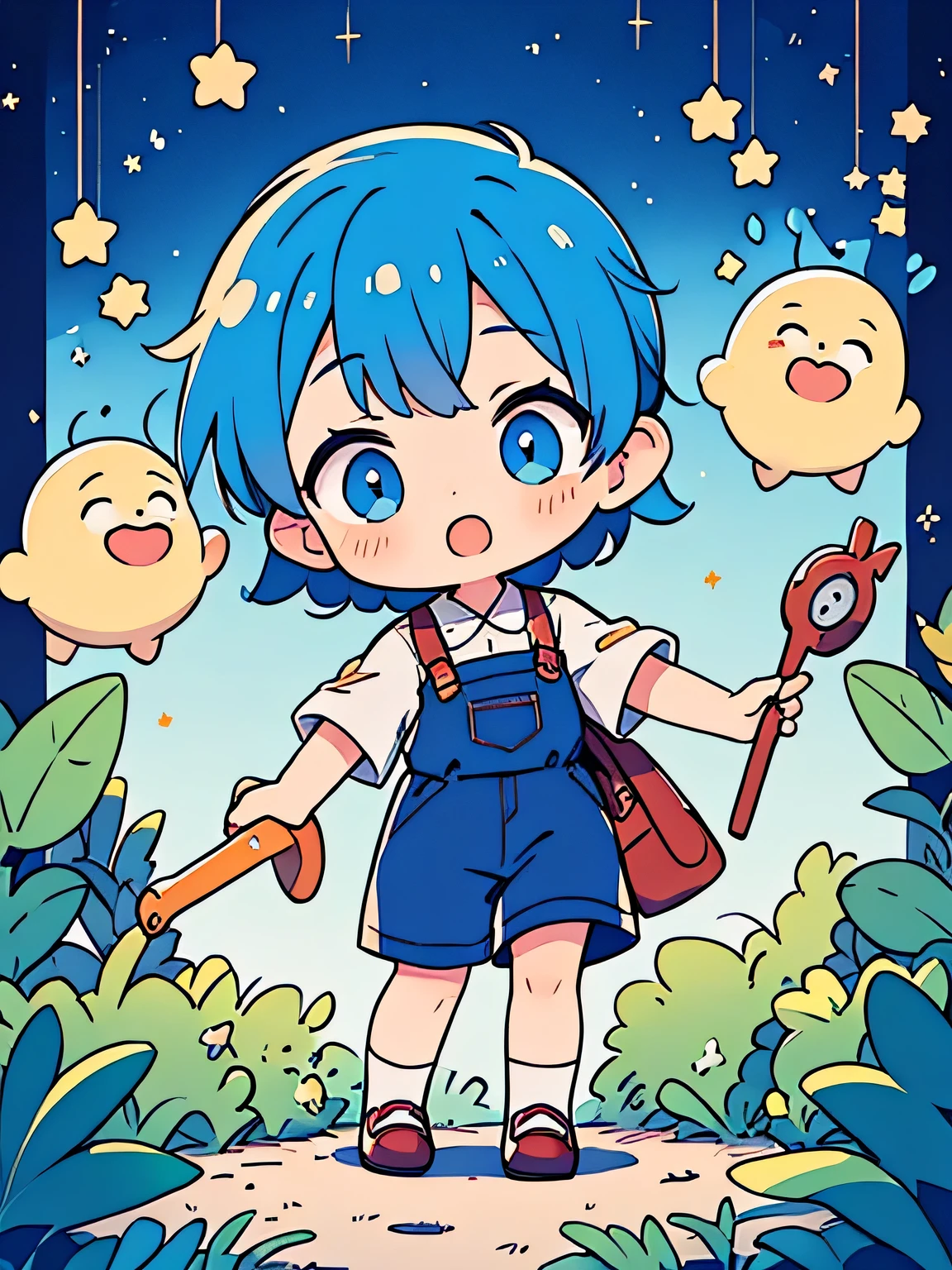 a blue hair、Curious, wide-eyed -year-boy iracts with talking star, dancing moon, and the happy elves in the dream world, Learn to weave dreams with imagination, 