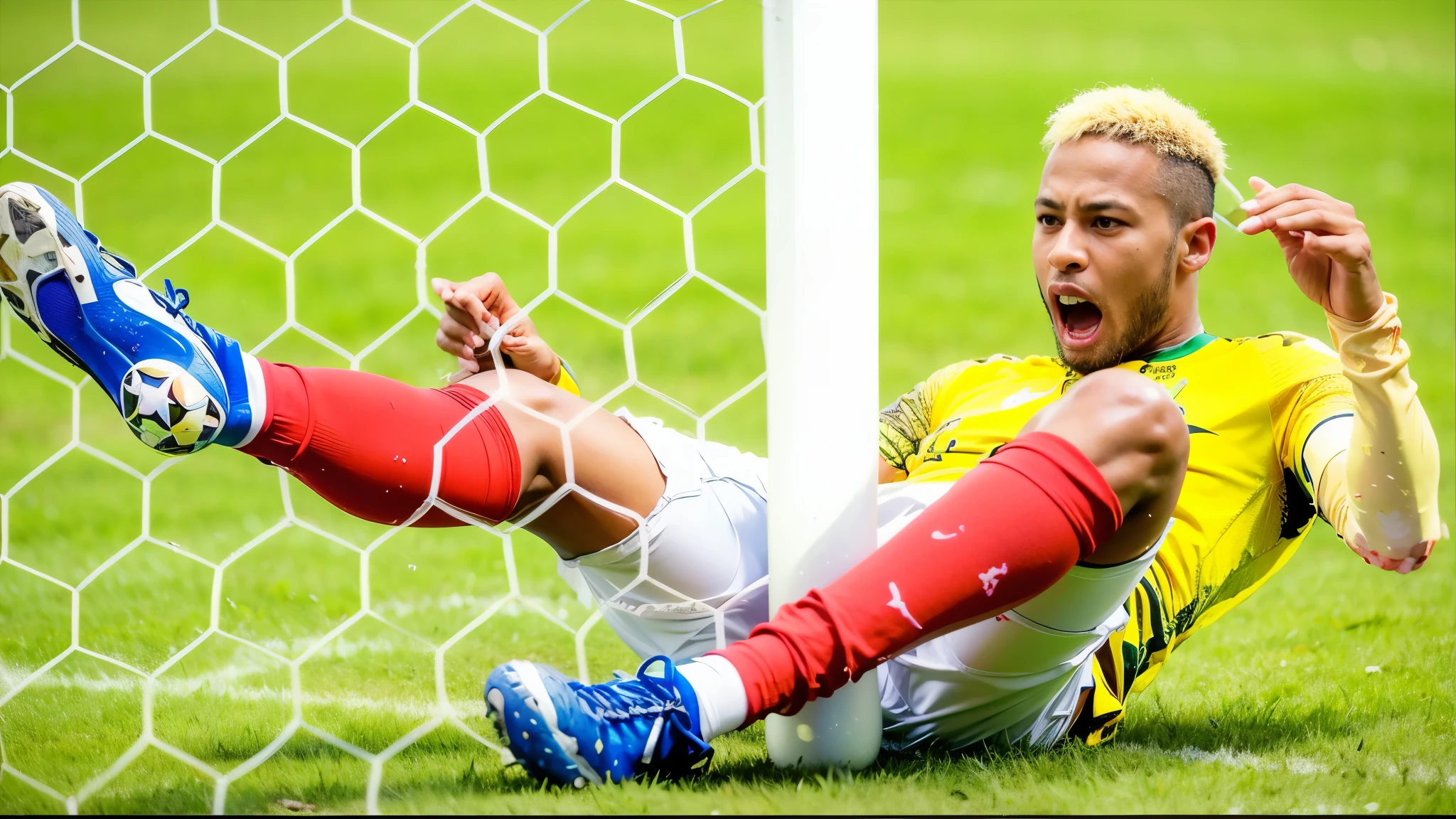soccer player laying on the ground with his feet in the air, neymar wearing long yellow jersey soccer uniformn in, fortnite, neymar jr, neymar shouting in pain, desperate pose, at the world cup, youtube thumbnail, is this loss?, very sad, , the best ever, inspired by Jules Tavernier, neymar wearing his yellow soccer uniform, same design, 16k resolution, with expression, realistic image, hyper realistic image,