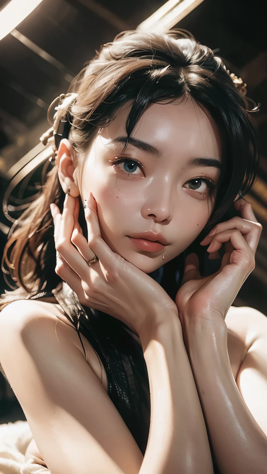 tmasterpiece, top-quality, 8K, Huang Li, A beautyful girl, kawaii, External,(Half a body:1.2), (fullnude:1.5), Wear a cashmere headscarf, (long and dark brown hair),good body, and makeup, Bukkake, Near and far law, depth of fields, Surreal, A high resolution, photore, lock focus, north african free trade area, face lamp, dynamic lighting, highest details, extremly high detail、ultra - detailed、the detail、Genuine skin、exquisite facial features、prone to negative emotions