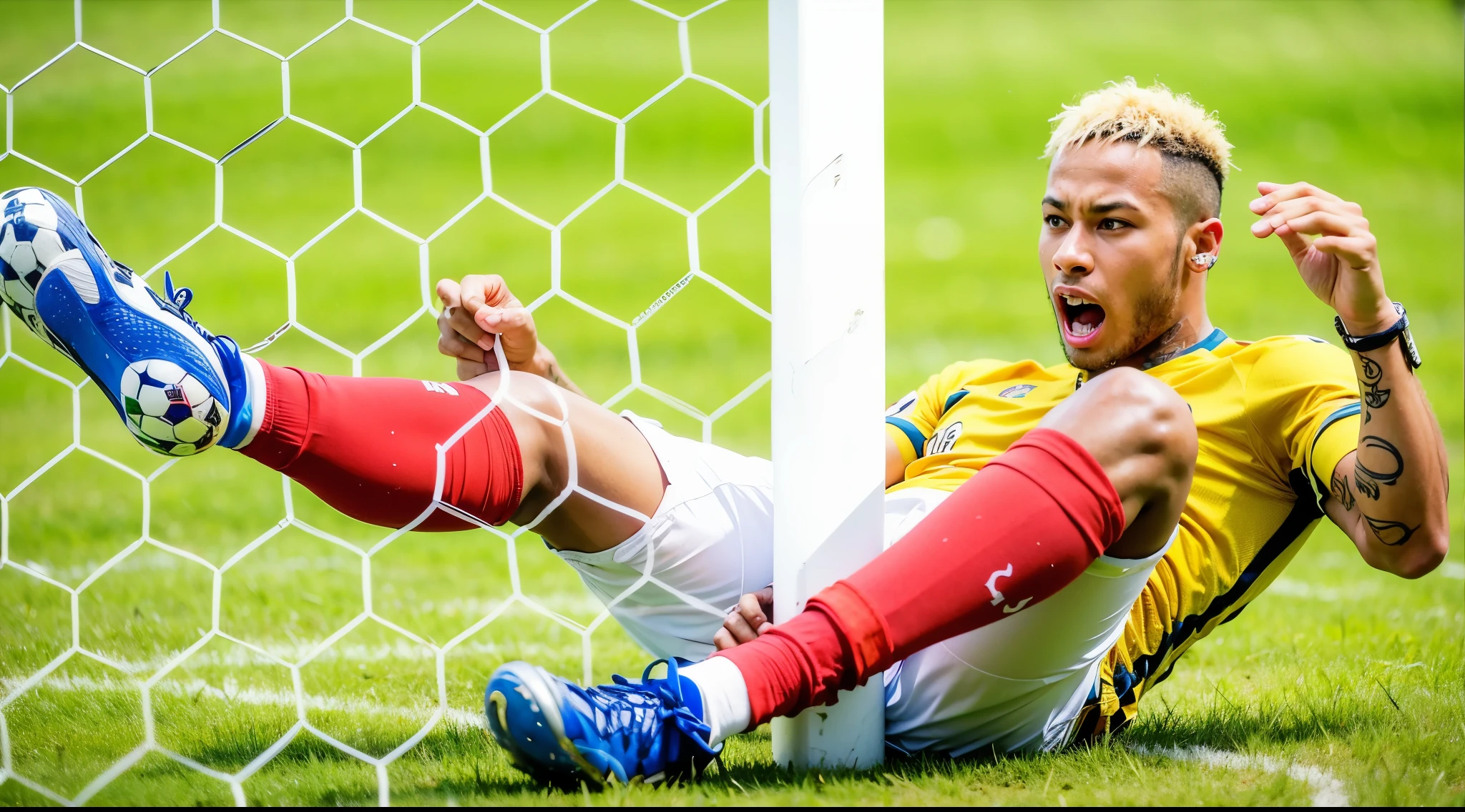 soccer player laying on the ground with his feet in the air, neymar wearing yellow soccer uniformn in, fortnite, neymar jr, neymar shouting in pain, desperate pose, at the world cup, youtube thumbnail, is this loss?, very sad, ronaldo nazario fenomeno, neymar in gta v, the best ever, inspired by Jules Tavernier, neymar wearing his yellow soccer uniform, same design, 16k resolution, with expression, realistic image, hyper realistic image,
