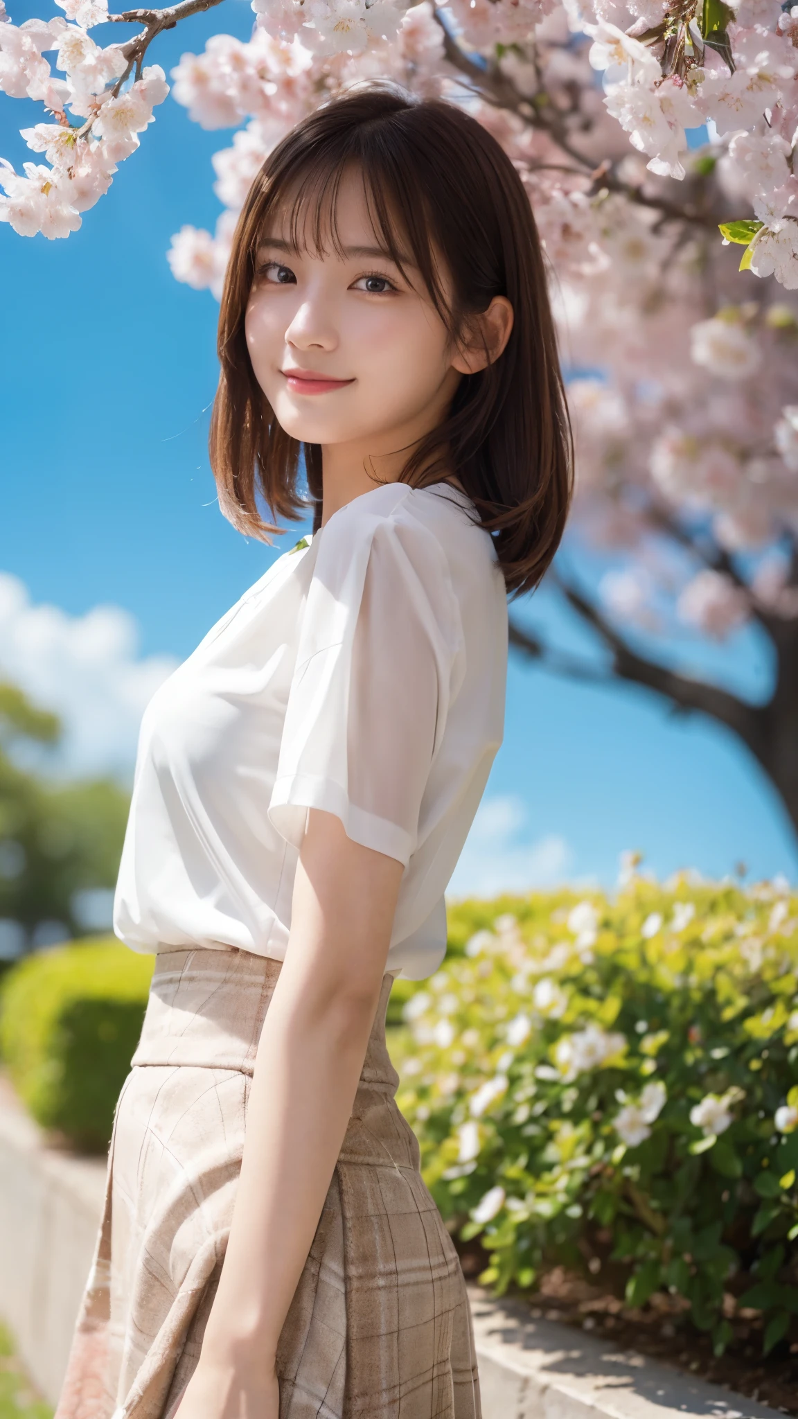 (best quality,masterpiece:1.3,Ultra-high resolution),(Ultra Detailed,Caustic lines,8k),(Reality:1.4,RAW Shooting),1 girl,Standing,(Smile),Staring at the camera,20 years old,Lovely,Japanese,Natural brown medium hair,(White shirt),Lime Green Flared Skirt,Glamorous,(Large target ),(Face focus),Shotgun,Grass,Cherry blossoms,Blue sky,sun,Natural light,Backlight,(lens flare),professional writing,(full-body shot),(Oblique composition:1.3),(low position:1.4),(Low Angle:1.4)