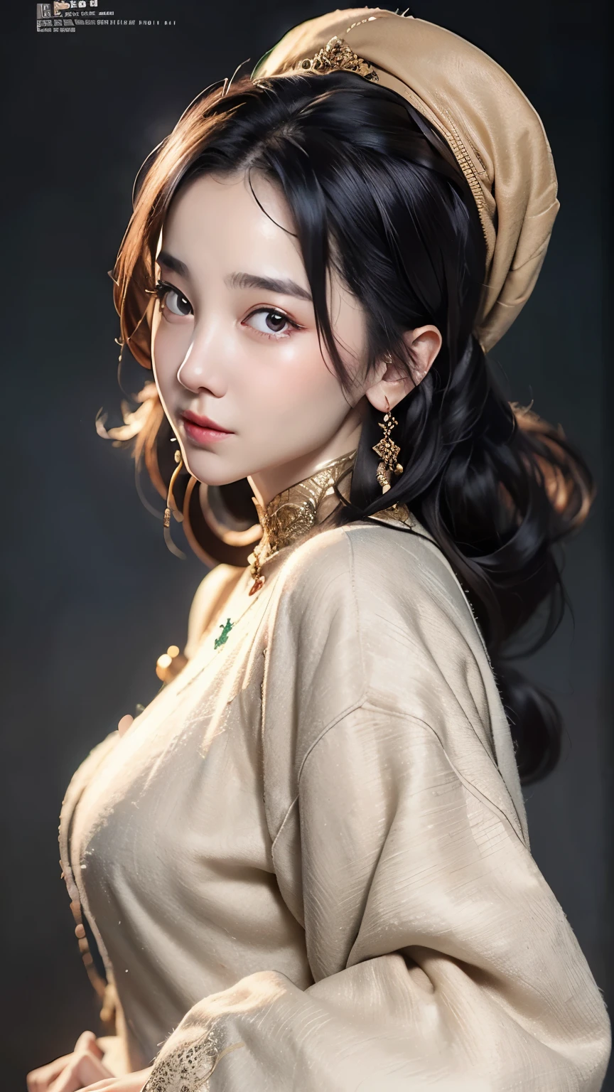 tmasterpiece, top-quality, 8K, Huang Li, A beautyful girl, kawaii, External,(Half a body:1.2), (fullnude:1.5), Wear a cashmere headscarf, (long and dark brown hair),good body, and makeup, Bukkake, Near and far law, depth of fields, Surreal, A high resolution, photore, lock focus, north african free trade area, face lamp, dynamic lighting, highest details, extremly high detail、ultra - detailed、the detail、Genuine skin、exquisite facial features、prone to negative emotions