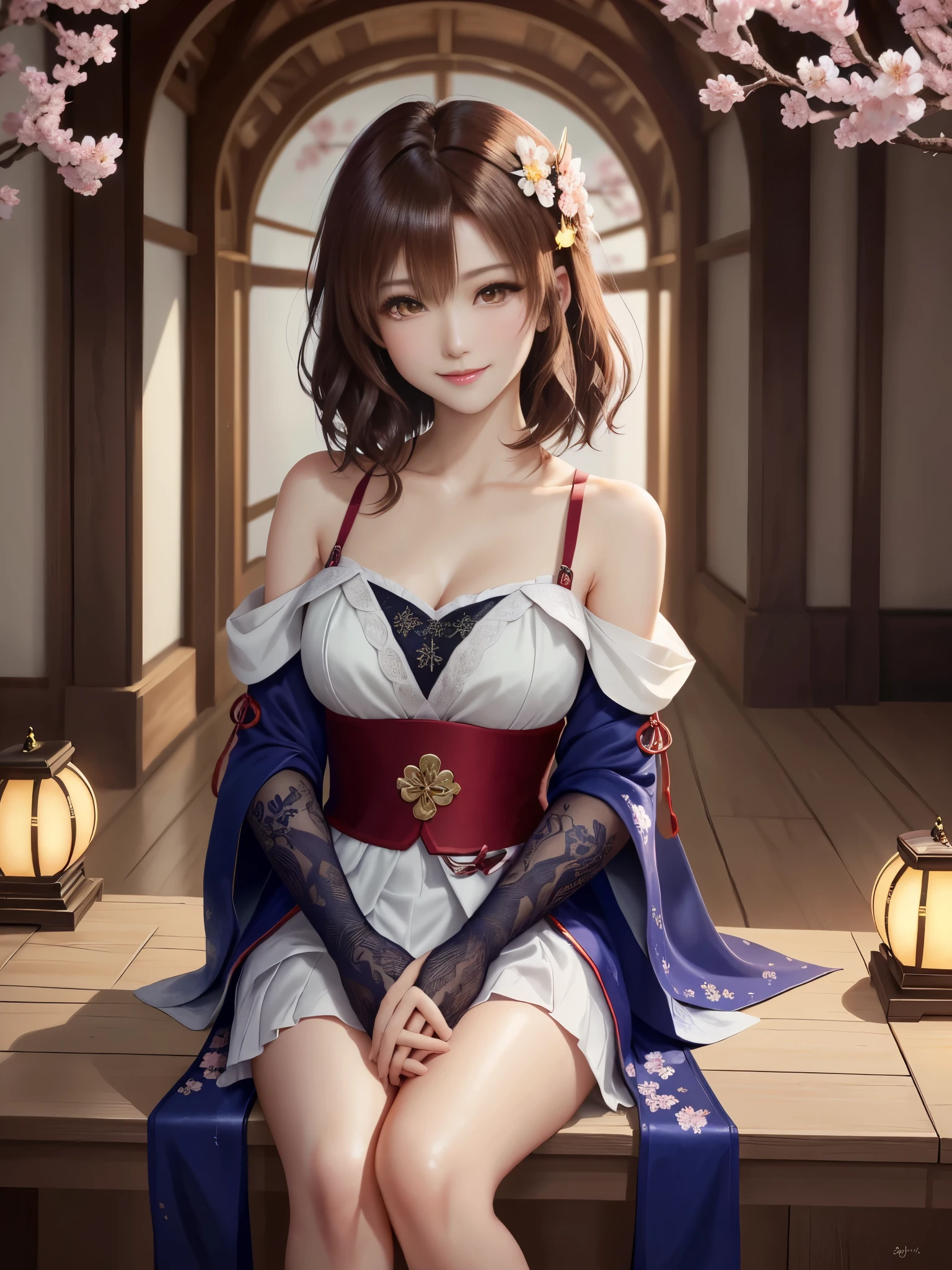 masterpiece , best quality,smile,smile,small face,shoulder exposure,less cleavage exposure,light brown hair,beautifully curled hair,slender body shape,brown eyes,sharp contrast,short hair,Beautiful short hair,Berry Short,short cut hair,just one person,precision quality,Faithfully reproduced eyes, The surroundings are shining gold,一面に咲くcherry blossom background,snow scene,masterpiece, 幻想的なcherry blossom background,night,nightの背景,cherry blossom background,beautiful details, colorful, delicate details, delicate lips, intricate details, genuine, ultrargenuineista, 枝に座っている色とりどりの髪のFoxを持つ女の子:Mature, bright eyes, ,色とりどりのFox, raposa de nine tails, 三尾Fox, 三尾Fox, onmyoji detail art, beautiful fine art illustration, mythical creatures, Fox, beautiful digital art,shrine maiden,hold hands,exquisite digital illustration, mizutsune, Inspired by mythical wild web creatures, pixiv in digital art, shining light, high contrast, Mysterious,