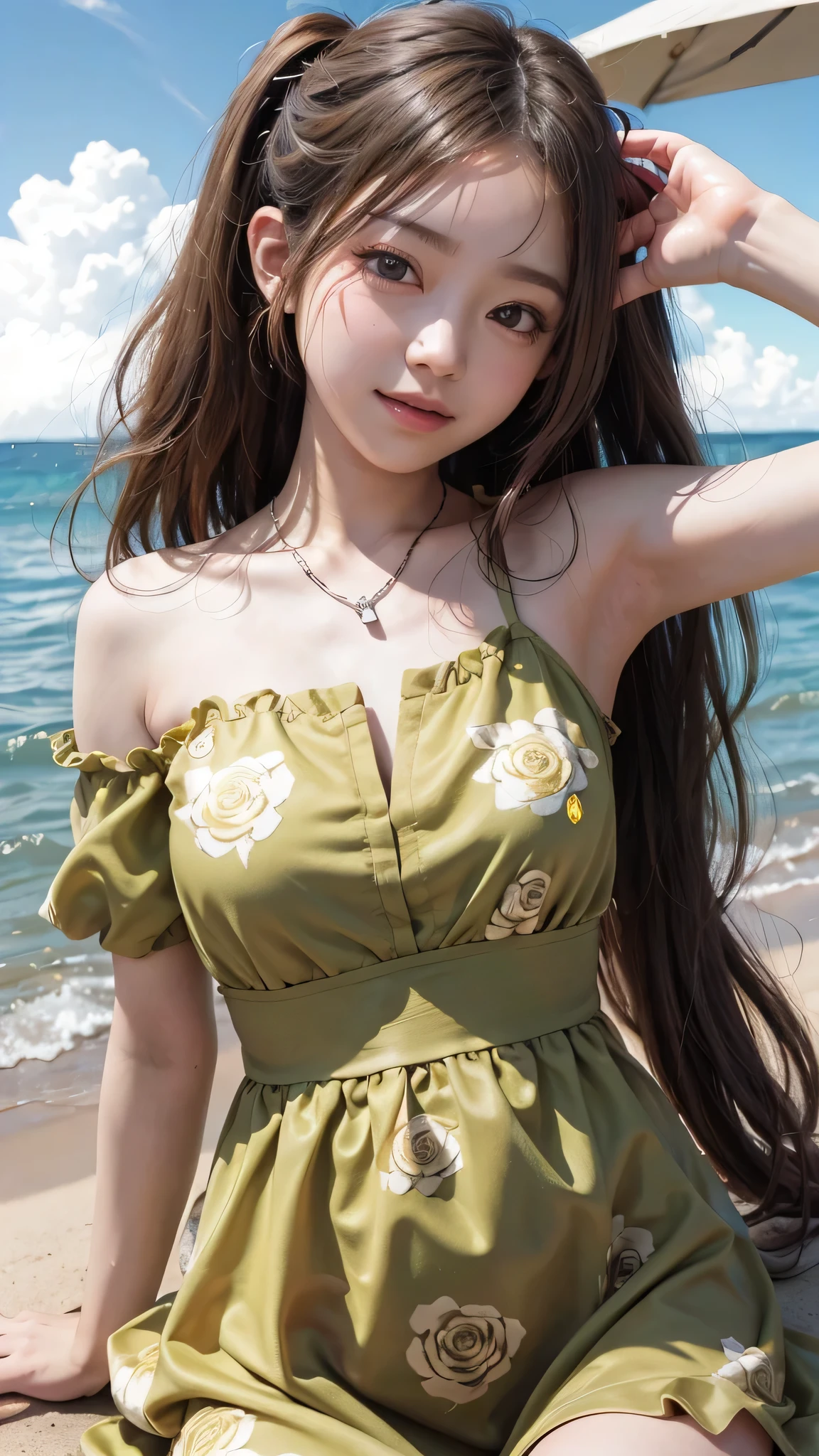 8k, High resolution, Super detailed, masterpiece, highest quality,14 years old、1 Japanese female、very cute、young face、 adorable、 shiny skin, sexy,light makeup、 (Cute yellow-green dress with rose print:1.3)、One piece color variations、very attractive, arms above head, Big breasts that are about to burst、twin tails、curly hair、Scrunchie、black hair、necklace、Gaze inviting a man、smile、The arms are bare skin、in the summer sunshine、shot on the beach、sensual pose、Accurate finger depiction、shining butt、cowboy shot、