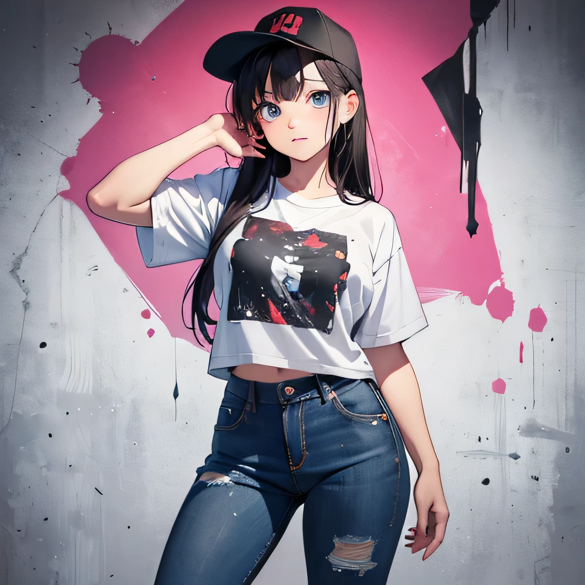 Anime girl with paint splatters on her shirt and jeans, a digital painting inspired by Ross Droz, art station, graffiti, artgerm and Ross Droz, Ross Droz cartoon vibrant, Fan art of urban girls, :: Ross Droz, art germ style, Style Art Germ, anime style 4k, Ross Droz sakimimichan, art germ style