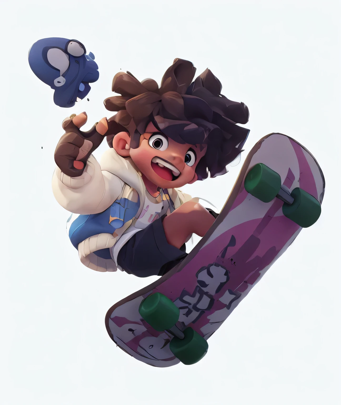 1boy, male focus, Gloves, braid, dark skinned male, dark skin, fingerless Gloves, black shorts, shorts, skateboard, shoe, brown hair, White background, jacket, Smile, open mouth, simple background, teeth, hood, 运动shoe, brown eyes, alone, boy, short hair, open clothes, white shirt, open jacket, hoodie, necklace, long sleeves, shirt