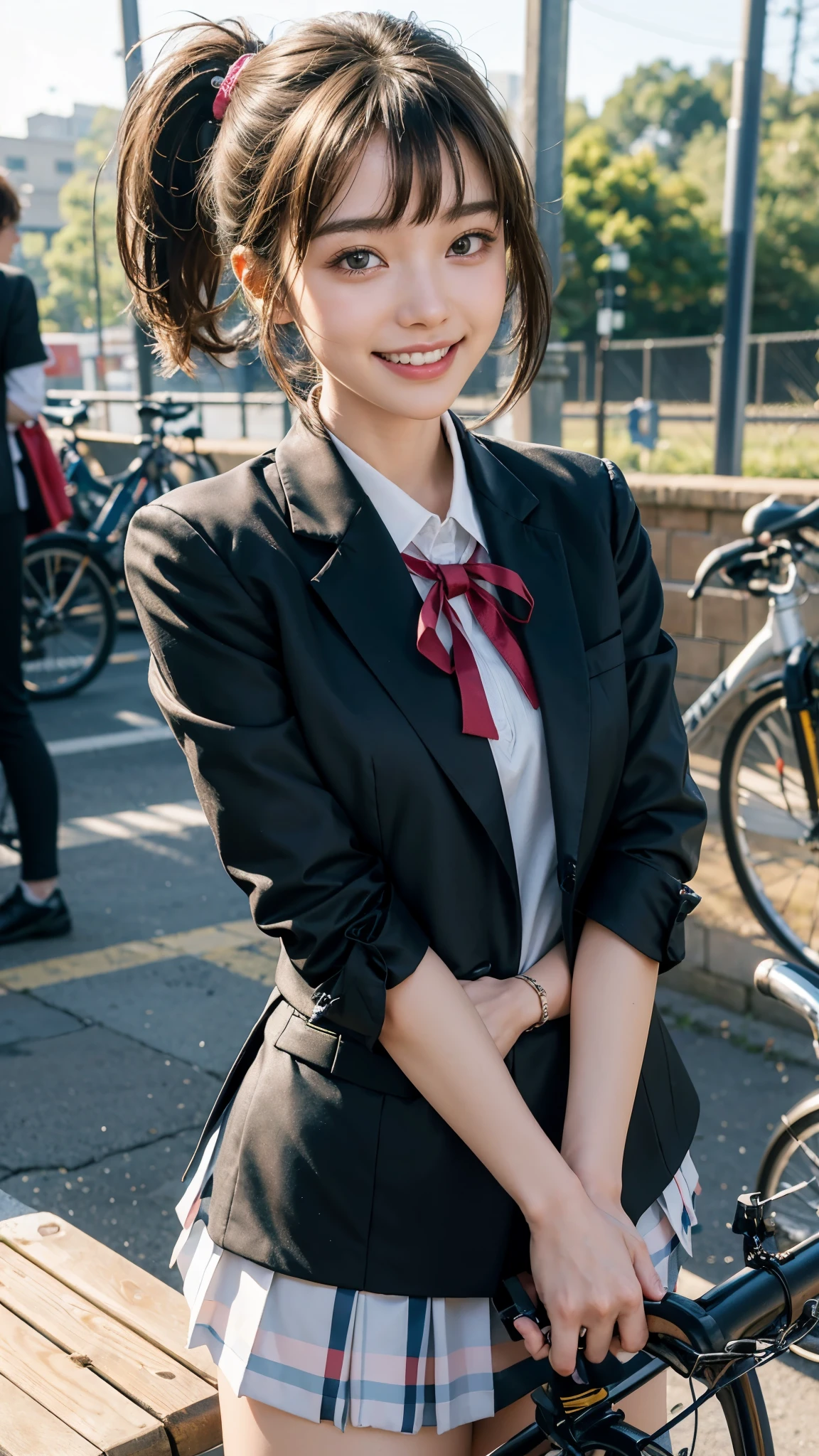 highest quality, masterpiece, ultra high resolution, (realistic:1.4), 20-year-old,1 girl,Super high quality,8k,thinウエスト,thin脚,thin and beautiful arms,beautiful fingers,Sare-eye makeup,thin,Medium chest,soft chest,(((High school bicycle storage))),many students and bicycles,high school uniform,Blazer uniform and ribbon miniskirt,Meeting after school,((Ponytail and Hair Tie)),((Bangs short hair)),realistic,picture media chest)),((toothy smile)),((big smile))