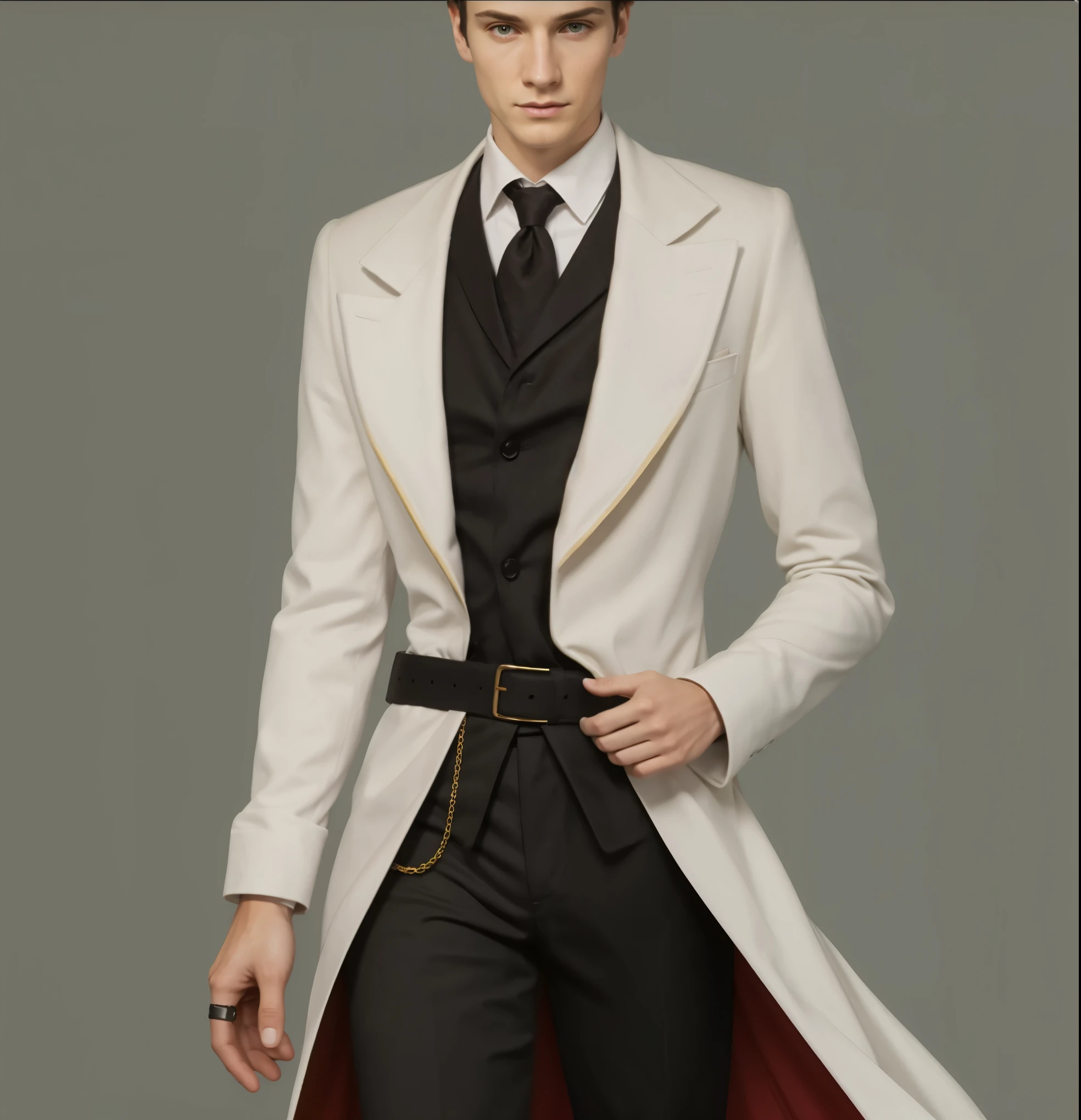 Reference sheet: 1.8, great details, high quality, masterful work, Tall Boy, Beautiful face, manto, long pants, art in bootasterpiece, A high resolution, high quality: 1.2), complex parts, cinematic lighting, Clear Focus, depth of field, White coat, black pants, black shoes with gold toe, Gold Elements, brunette, an aristocrat, Clothing Texture