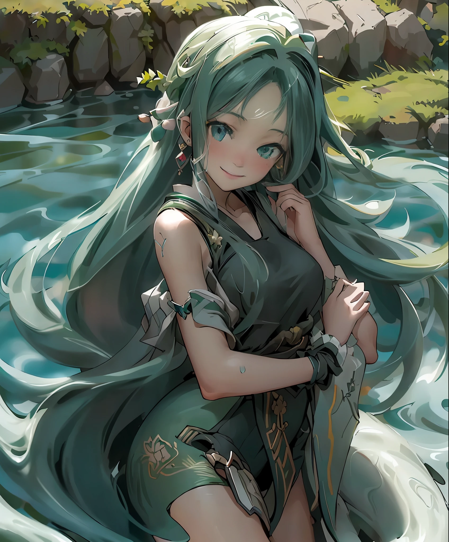 (masterpiece、highest quality、highest quality、official art、beautiful beautiful:1.2)、(1 girl:1.3)Hatsune Miku、twin tailasterpiece, highest quality, 8k wallpaper:1.2), super detailed, disorganized, High resolution, 1 girl, looking at the viewer,( hatsune friend:1.3), Happy, white , (smile:1.1), ロングtwin tails, green green hair, dancing, silky skin, beautiful eyes, focus on the eyes, long hair fluttering in the wind, beautiful smile line, big green eyes, shiny hair, (Wrapped in the flow of heavy floating notes:1.3), on the stage, (((Glossy and slippery smooth texture {green|black} one piece japanese school swimsuit:1.3))), from the side and behind, flat chest, realistic, realism, photorealistic, 緻密でbeautiful eyes, Fine and beautiful skin, beautiful and detailed clothes,