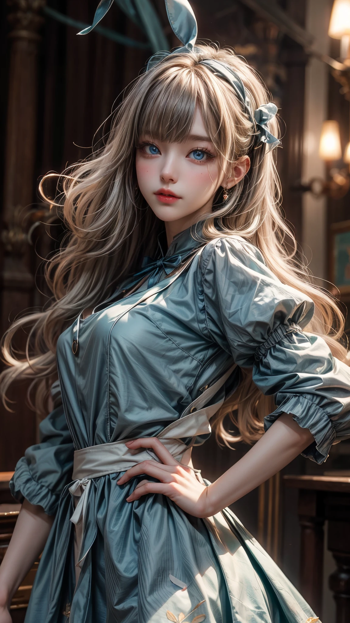 bright look、photorealism、highest quality、超A high resolution、photograph、スカンジナビアから来たとても美しい女の子のphotograph、extraordinary beautiful girl、cute and beautiful face details、(face to face with the children_v1:0.008)、beautiful bangs、alice in wonderland、18-year-old、radiant white skin、facial hair、Bangs that extend to the face、bangs between eyes、super long hair、Silky straight super long hair with an attractive pale platinum blonde color.、thin hair、Attractive and shining beautiful bright and clear light blue big eyes、white apron、yellow dress、eyeliner、double eyelid、rich bust、random sexy pose、goblin