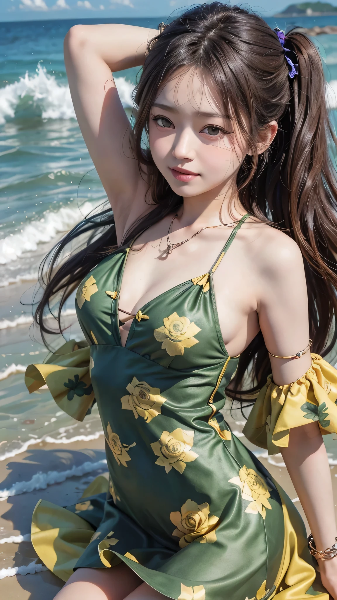 8k, High resolution, Super detailed, masterpiece, highest quality,14 years old、1 Japanese female、very cute、young face、 adorable、 shiny skin, sexy,light makeup、 (Cute yellow-green dress with rose print:1.3)、One piece color variations、very attractive, arms above head, Big breasts that are about to burst、twin tails、curly hair、Scrunchie、black hair、necklace、Gaze inviting a man、smile、The arms are bare skin、in the summer sunshine、shot on the beach、sensual pose、Accurate finger depiction、shining butt、cowboy shot、