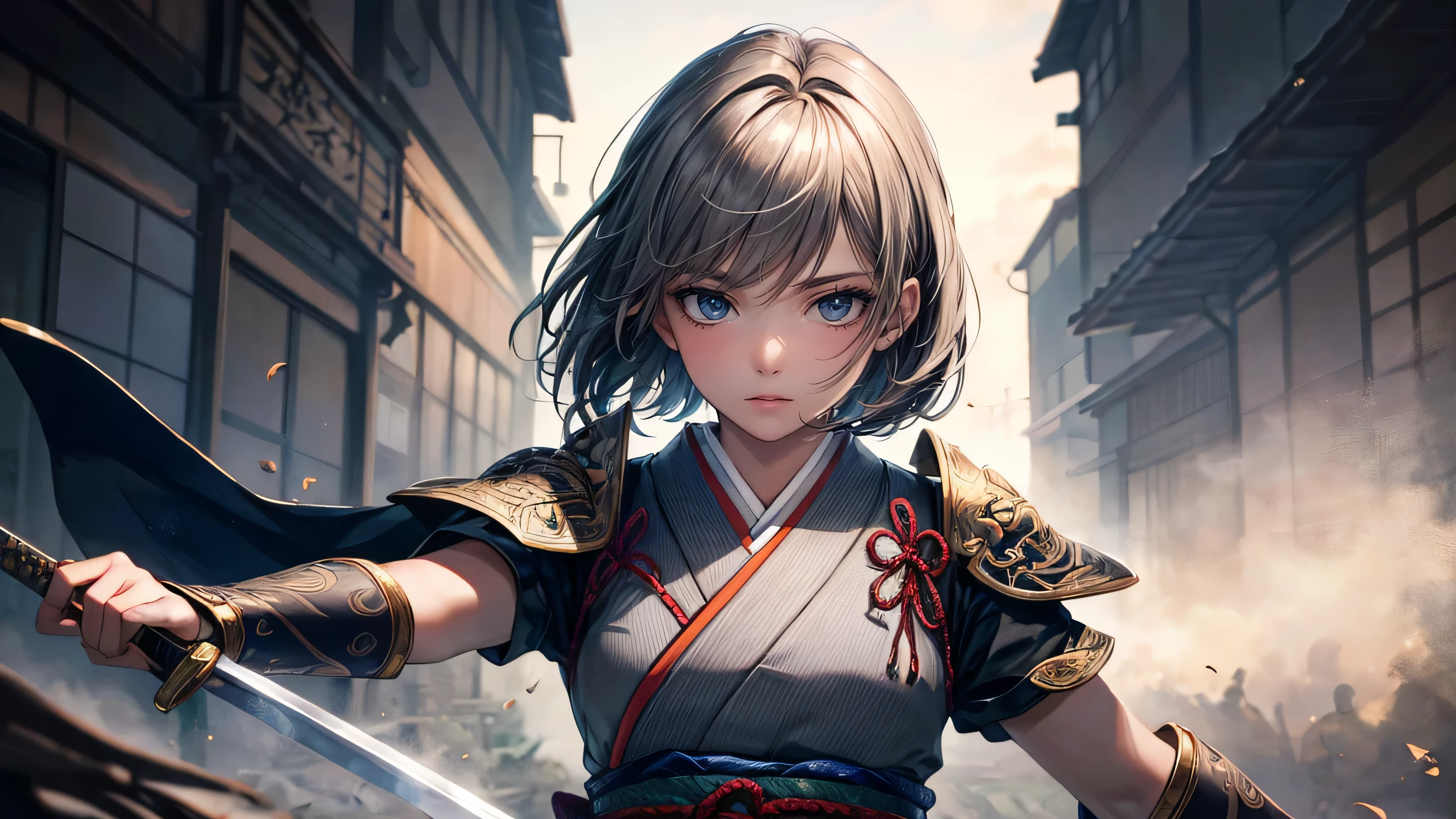 (masterpiece), (top quality half body), 1 female, warrior, (gray color short hair), with a sword, Yoroi, japan house background, detailed beautiful eyes, detailed gorgeous face, detailed beautiful eyes, detailed gorgeous face, dynamic pose, perfect shading, dramatic lighting, very detailed, intricate details, wallpaper, pixiv, Krenz Kushart,