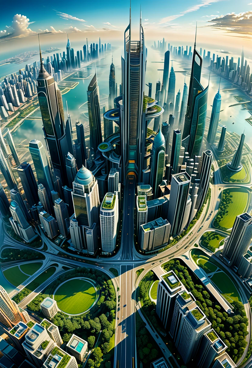 The perspective of aerial photography allows us to overlook the,Seeing the aerial perspective of the early morning scene of future city concept art will give you a unique visual experience
(Aerial View)wide angle, Professional photography, art photography, intricate details, Super detailed, Surreal, 8k ultra high definition master works