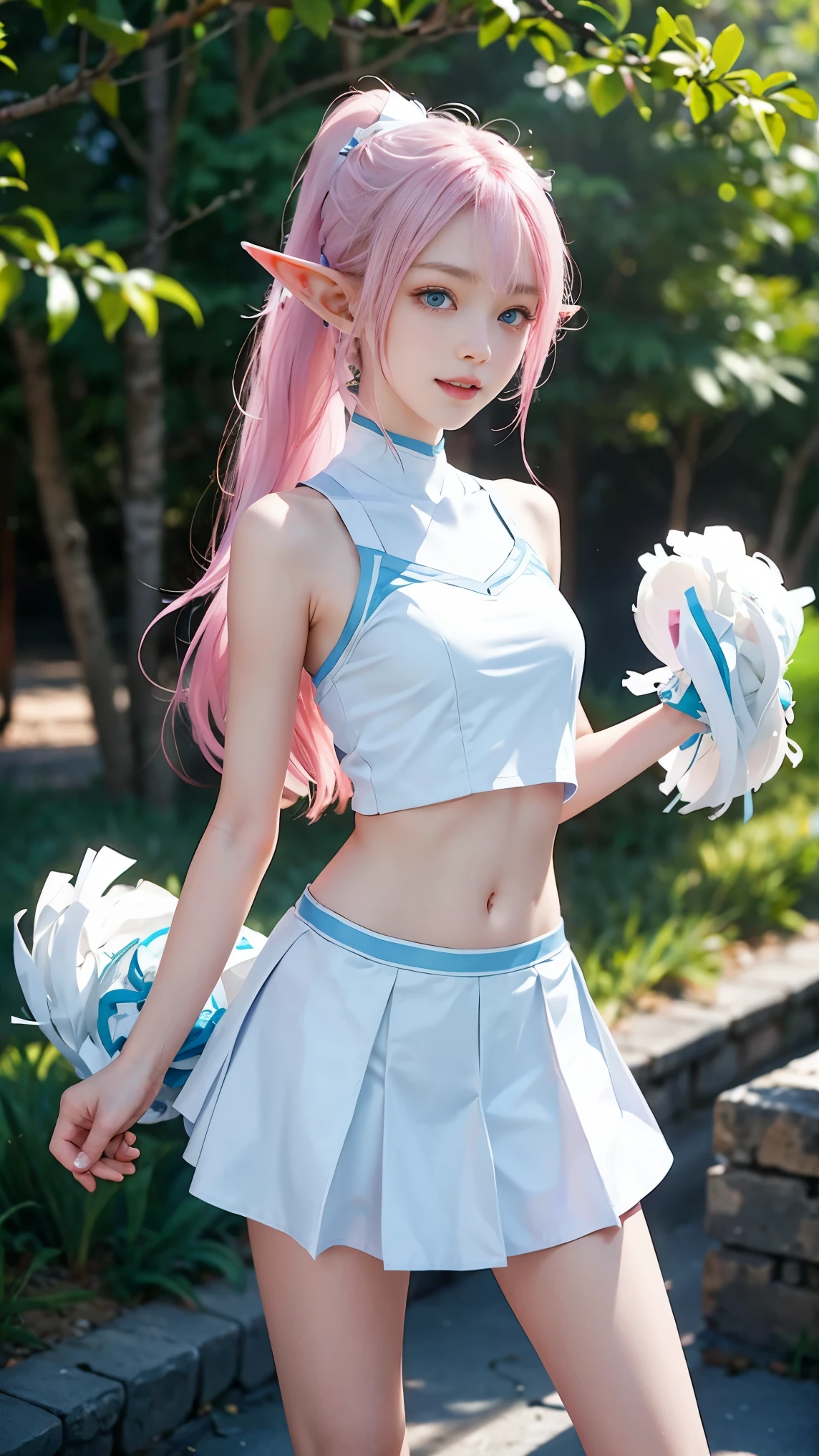 A beautiful pretty face girl with low makeup colored hair and bright white skin wearing a fantasy costume and a short skirt with thirsty face face making a fansy pose ((her body being sweaty)) while showing her pussy