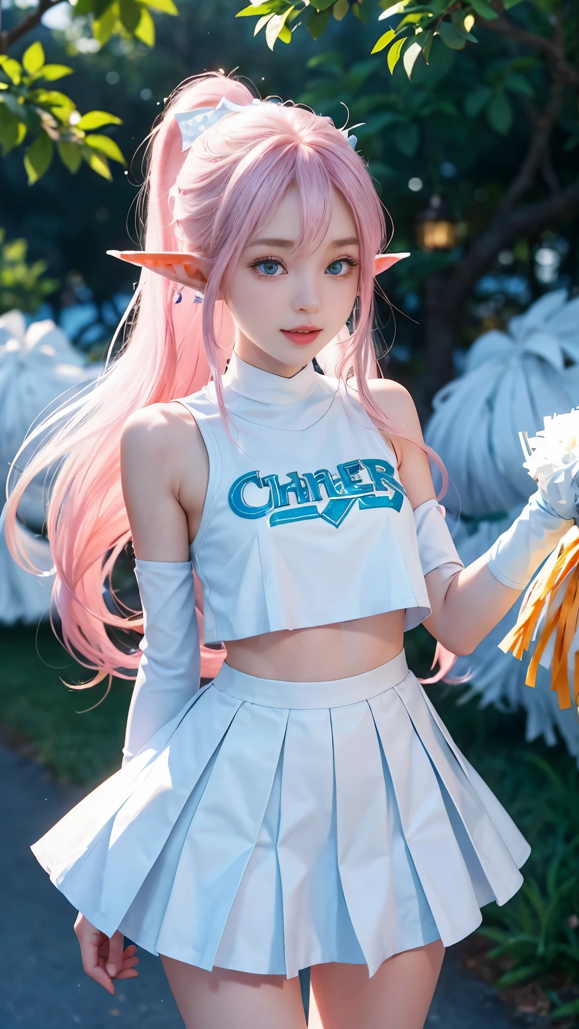 1 girl, ponytail、pink hair、brand hair、Divide your bangs into 73 equal parts...、elongated eyes、Fished out eyes、alone, super high quality, hard focus, film grain, ultra high resolution, girlの子、masterpiece, nice detailed crystal clear light blue eyes, narrow eyes、shining、full body shot、Milky white and clear skin、elf pointed ears、long and thin legs、slender long arms、girl with a thin upper body、A girl with a thin lower body、slender lower body girl、slender upper body girl、girl with a tight waist、full body shot、whole body posture、Elf princess style girl、height: 140cm、elf pointed ears,1 girl, alone, super high quality, hard focus, film grain, ultra high resolution, 10 year oldrpiece, nice detailed crystal clear light blue eyes, narrow eyes、eye-catching、shining、full body shot、(((white cheerleader:1.2))), elf pointed ears、long and thin legs、slender long arms、girl with a thin upper body、A girl with a thin lower body、slender lower body girl、slender upper body girl、girl with a tight waist、full body shot、whole body posture、cowboy shot、smile happily、toothy smile