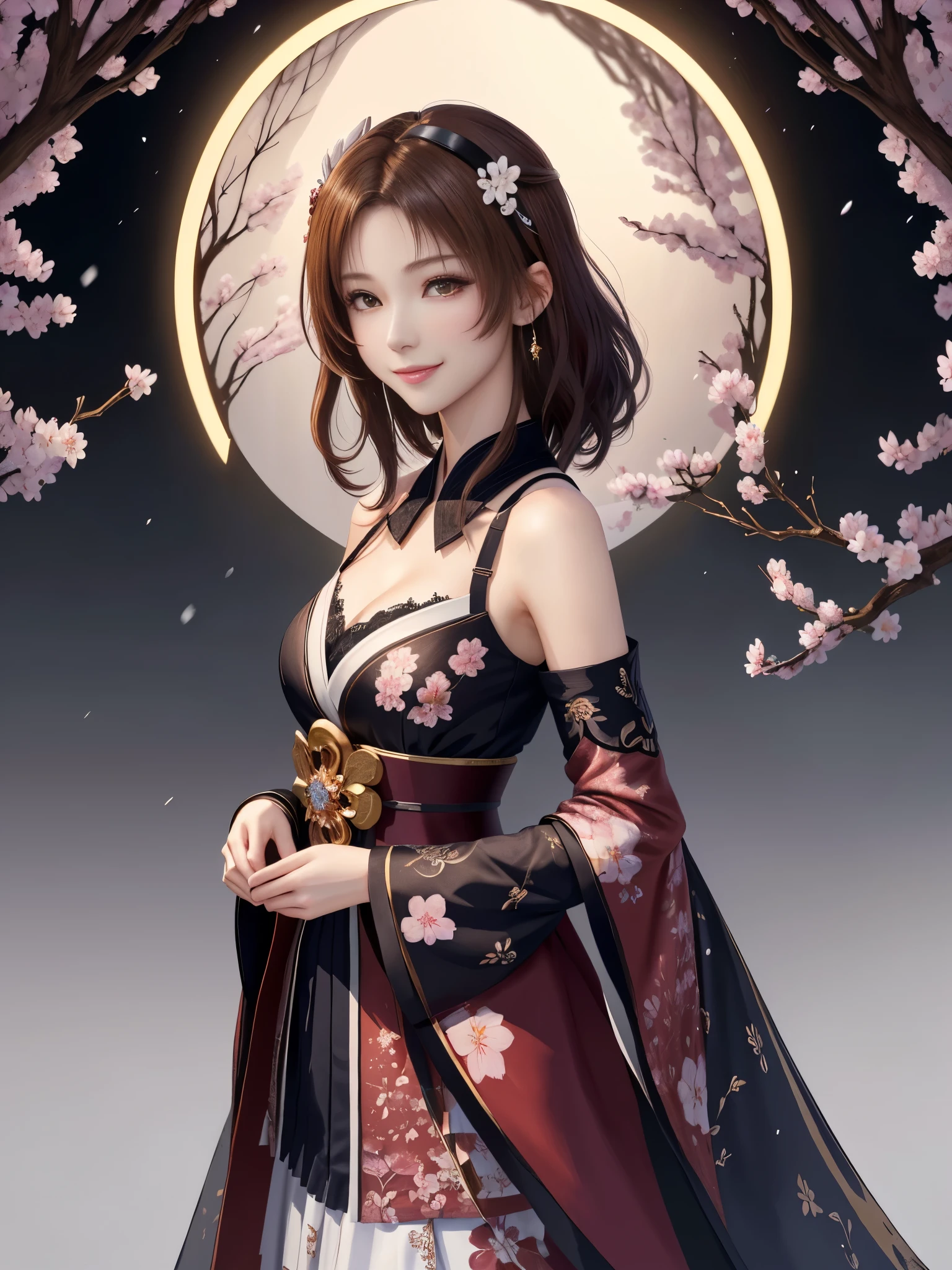 masterpiece , best quality,smile,smile,small face,shoulder exposure,less cleavage exposure,light brown hair,beautifully curled hair,slender body shape,brown eyes,sharp contrast,short hair,Beautiful short hair,Berry Short,short cut hair,just one person,precision quality,Faithfully reproduced eyes, The surroundings are shining gold,一面に咲くcherry blossom background,snow scene,masterpiece, 幻想的なcherry blossom background,night,nightの背景,cherry blossom background,beautiful details, colorful, delicate details, delicate lips, intricate details, genuine, ultrargenuineista, 枝に座っている色とりどりの髪のFoxを持つ女の子:Mature, bright eyes, ,色とりどりのFox, raposa de nine tails, 三尾Fox, 三尾Fox, onmyoji detail art, beautiful fine art illustration, mythical creatures, Fox, beautiful digital art,shrine maiden,hold hands,exquisite digital illustration, mizutsune, Inspired by mythical wild web creatures, pixiv in digital art, shining light, high contrast, Mysterious,