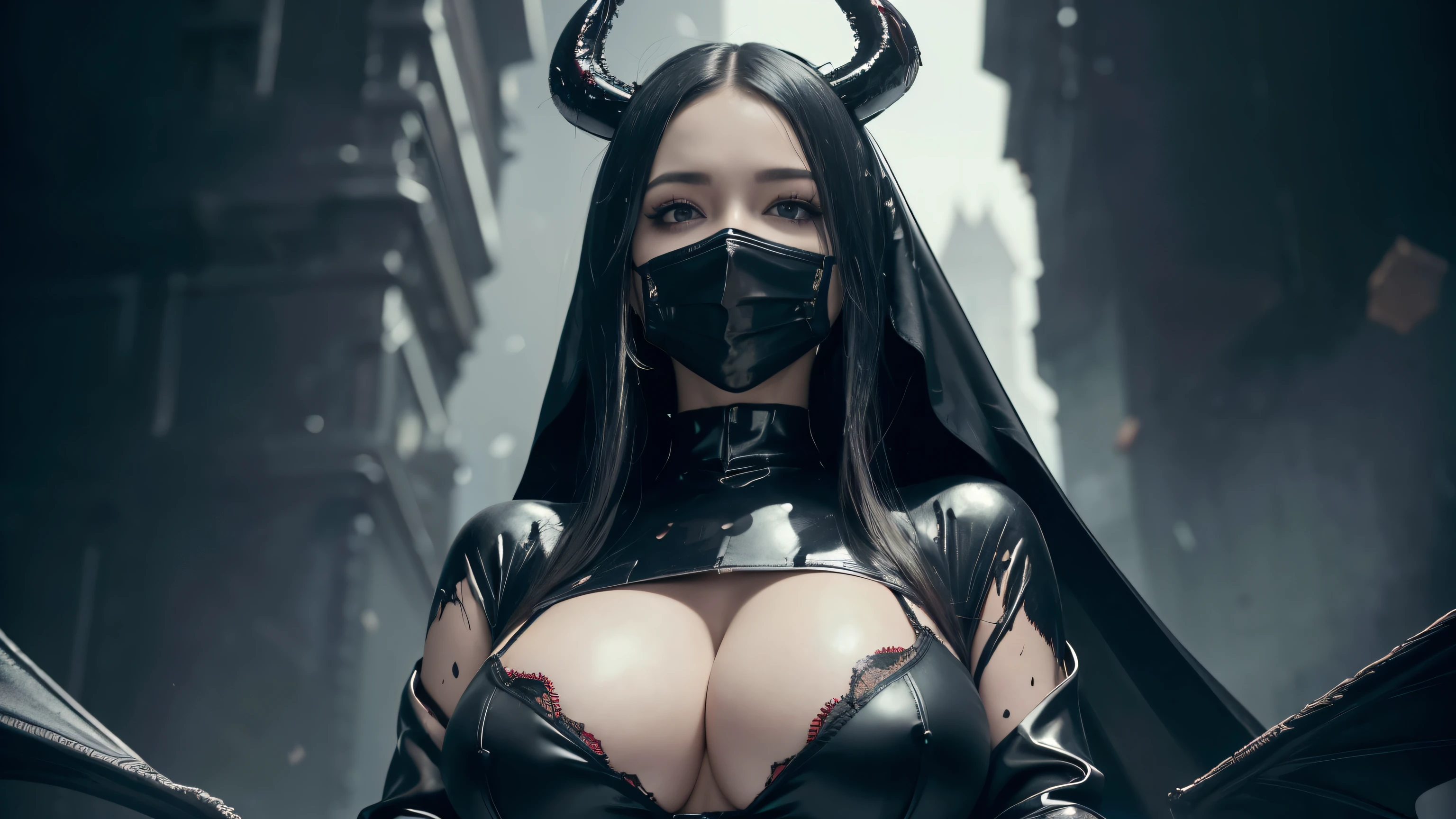 ((best quality)), ((masterpiece)), 8k, (detailed), perfect face, (((Big tits on focus))), hot young busty girl, black lava outfit, black latex slime, beautyful face, (( long length hair)), ((detailed eyes)), lightning in the background, ((dark castle in the background, (((the clothes melt off her))), (((black paint splattered on it))), (flying dragon in a background), red damaged corset, ((her clothes were torn in several places))), latex lingerie, (nun costume), venom, black dark venom, ((red lacy brassiere)), perfect detailed, ((((it is photographed from below)))), red latex, big tits, detailed eyes, (((wearing a black venom mask))), (black bunny), black veil, ((BIG BOOBIES on focus)), dark angel, ((good anatomy)), big tits pose, visible cleavage