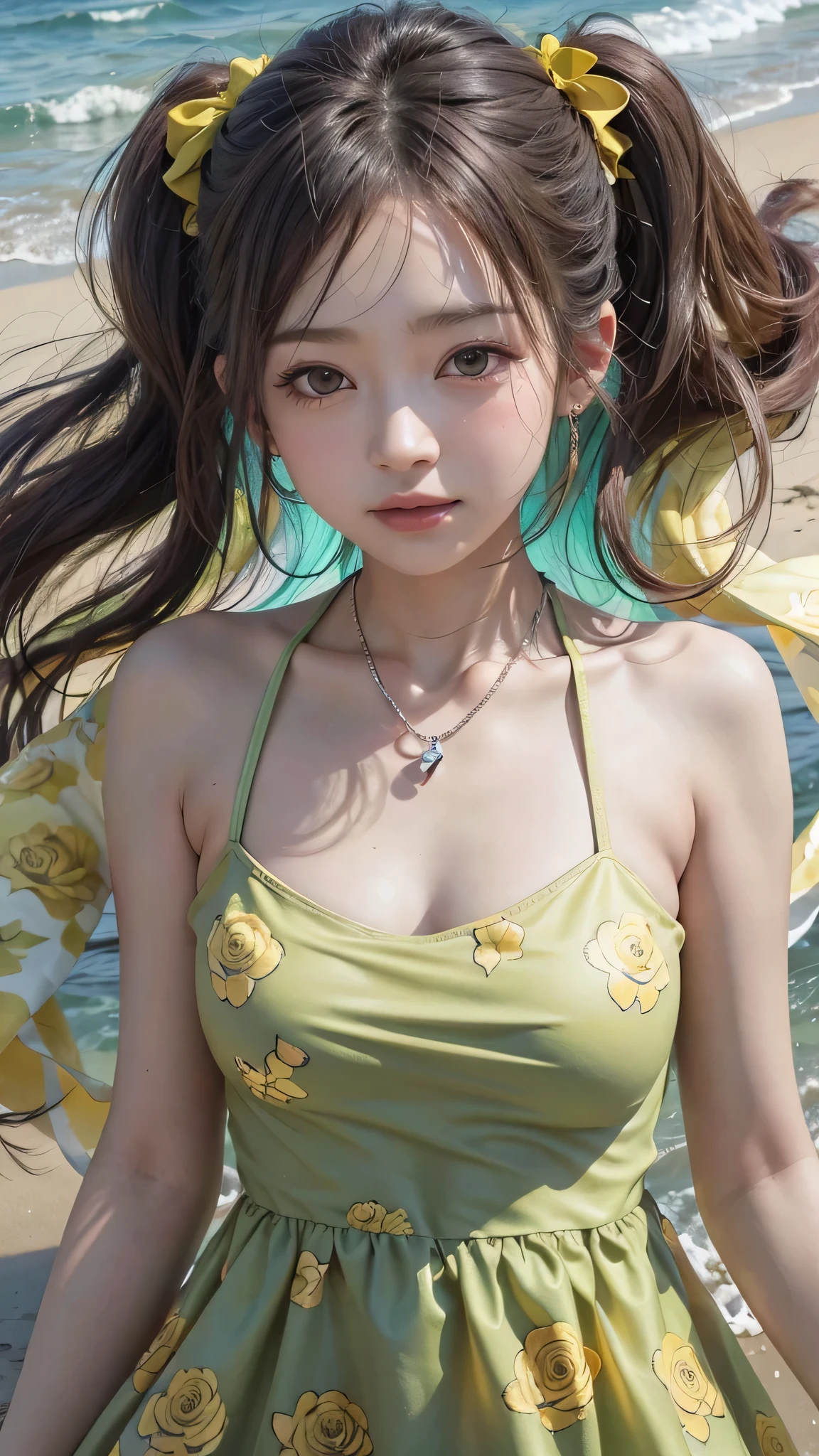 8k, High resolution, Super detailed, masterpiece, highest quality,14 years old、1 Japanese female、very cute、young face、 adorable、 shiny skin, sexy,light makeup、 (Cute yellow-green dress with rose print:1.3)、One piece color variations、very attractive, arms above head, Big breasts that are about to burst、twin tails、curly hair、Scrunchie、black hair、necklace、Gaze inviting a man、smile、The arms are bare skin、in the summer sunshine、shot on the beach、sensual pose、Accurate finger depiction、shining butt、cowboy shot、