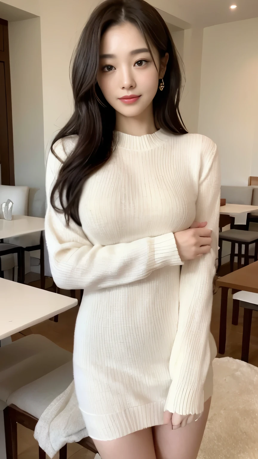 ((top-quality、8k、masterpiece:1.3))、Beautiful woman with perfect body:1.4、slim abdomen:1.2、Longhair, normal breast, Highly detailed facial and skin texture, A detailed eye, delicate eyes, double eyelid, (smile), (full body shot), ((restaurant)), (sitting on chaor)), ((wearing white sweater suit dress)), looking in front