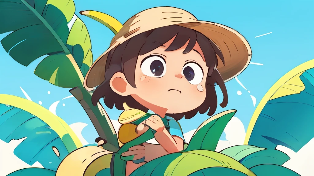 supper sad, banana hat, bananas background pattern, banana tree, blueish background, high detailed, fornite banana costume, shooting, explosion, high contrast, high saturation, guns, bananas, crying, big eyes, in a close view, front, girly brown hair, blue eyes