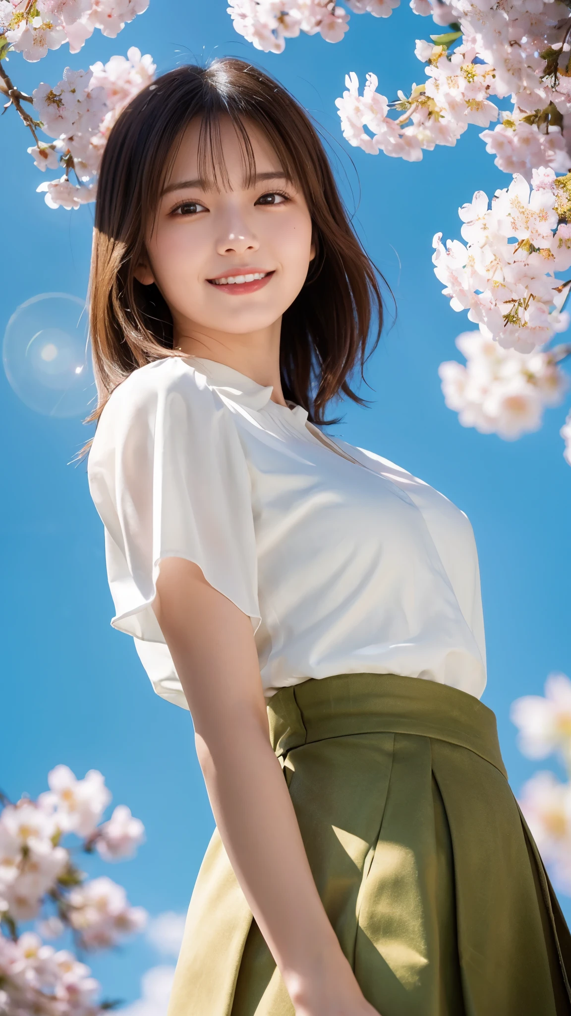 (highest quality,masterpiece:1.3,ultra high resolution),(Super detailed,caustics,8k),(photorealistic:1.4,RAW shooting),1 girl,Are standing,(smile),stare at the camera,20-year-old,cute,Japanese,natural brown middle hair,(white blouse),lime green flared skirt,glamorous,(big ),(face focus),buckshot,grass,cherry blossoms,blue sky,sun,Natural light,Backlight,(Lens flare),professional writing,(full body shot),(Tilt composition:1.3),(low position:1.4),(Low - Angle:1.4)