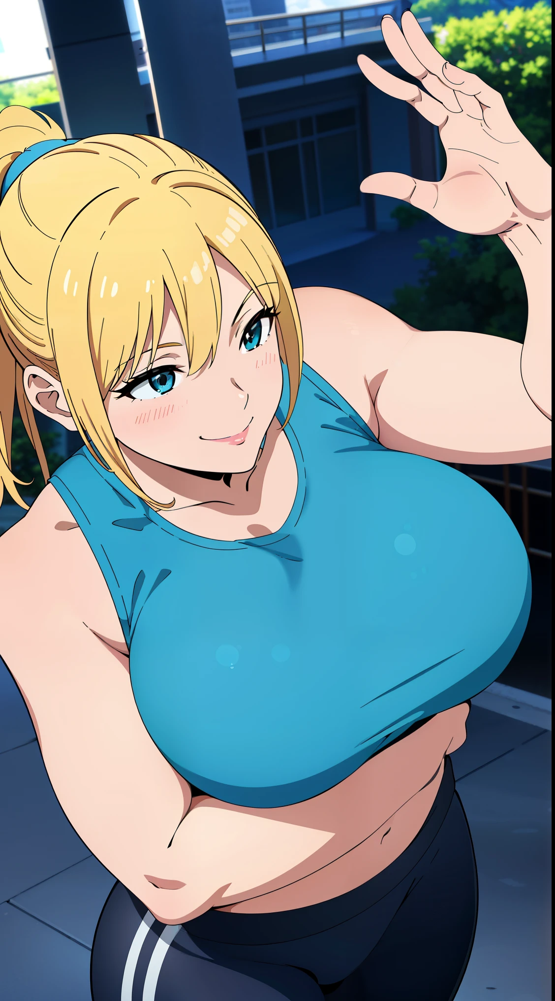 (highest quality:1.5, High resolution, Hmm, 4k, detailed lighting, shader), blonde ponytail, Big breasts, (throw, close shot), Are standing, despicable, sexy, erotic, smile, hot, Tank top, yoga pants, park background