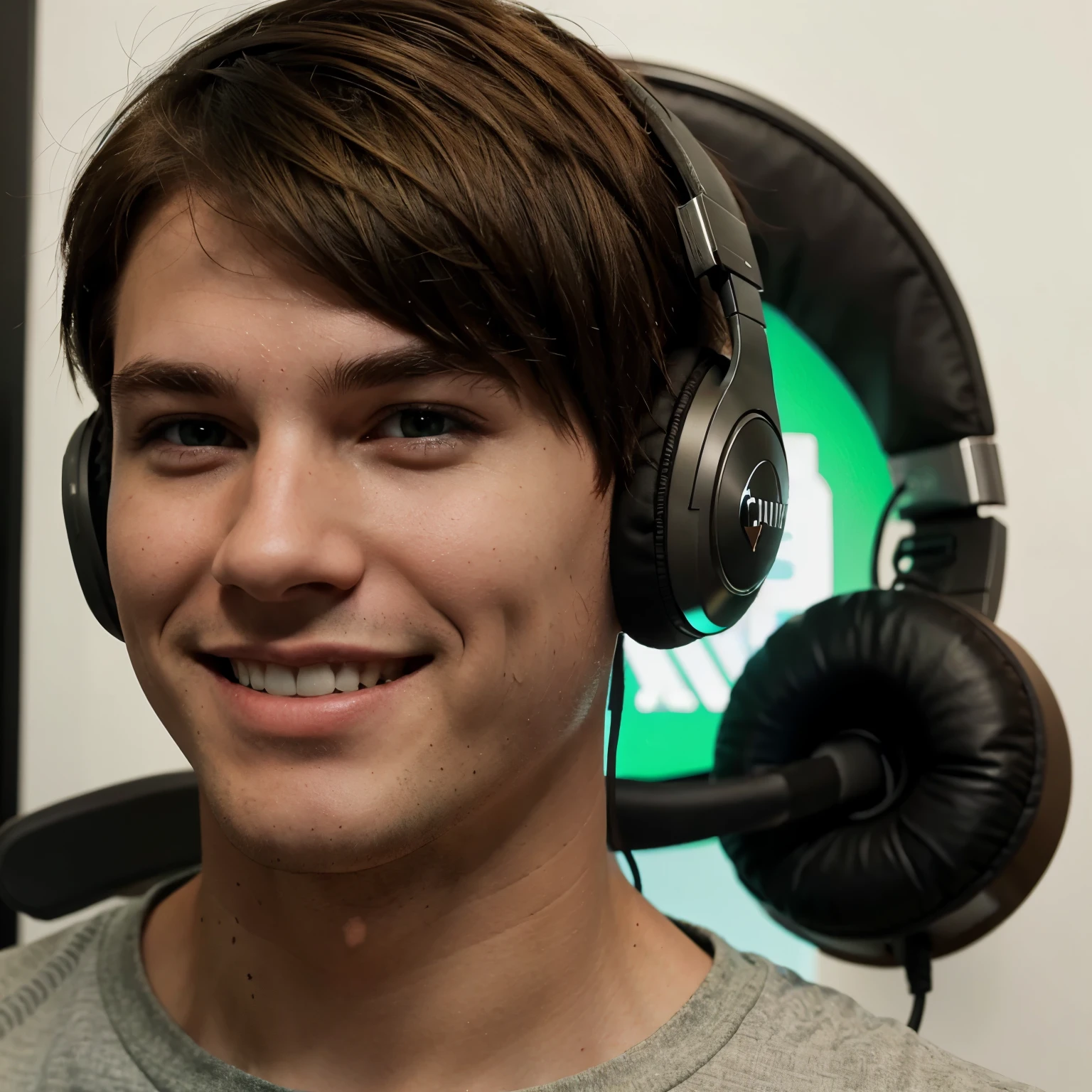 White boy, short hair, brown hair, green eyes, headphones, gamer, smile.