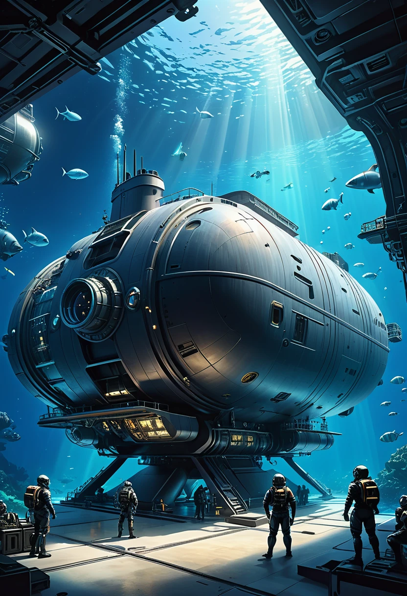 fluorescent horizon, digital brush strokes, stylish studio shading on top,
Shadow art, digital illustration, comic style. a very intricate action film based on a complex stage set, telling about underwater life and the adventures of a giant futuristic form
The Nautilus submarine, which looks like a giant industrial cube, has a cozy atmosphere, contoured overhead lighting and lots of caustic reflexes,
figures in underwater suits travel around the underwater vehicle, illuminating the space around them with light rays,
air bubbles rise beautifully and shine, illuminated by rays, many large and small fish, huddled in schools, circle around the submarine and people,
epic concept illustration, highly detailed, complex mechanical design, sci-fi concept art,
Starfleet ship Nautilus prepares to launch, cinematic lighting, stunning depth, ultra quality, ultra detail,
Intricate details, 8k, epic realism, award winning, masterpiece,
Art by Giovanni Boldini, Bastien Lecouf-Degarme, Carn Griffiths, E. Abramzon, Raphael, Caravaggio, Coby Whitmore, Titian, Leonardo da Vinci, Studio Ghibli Genshin Impact