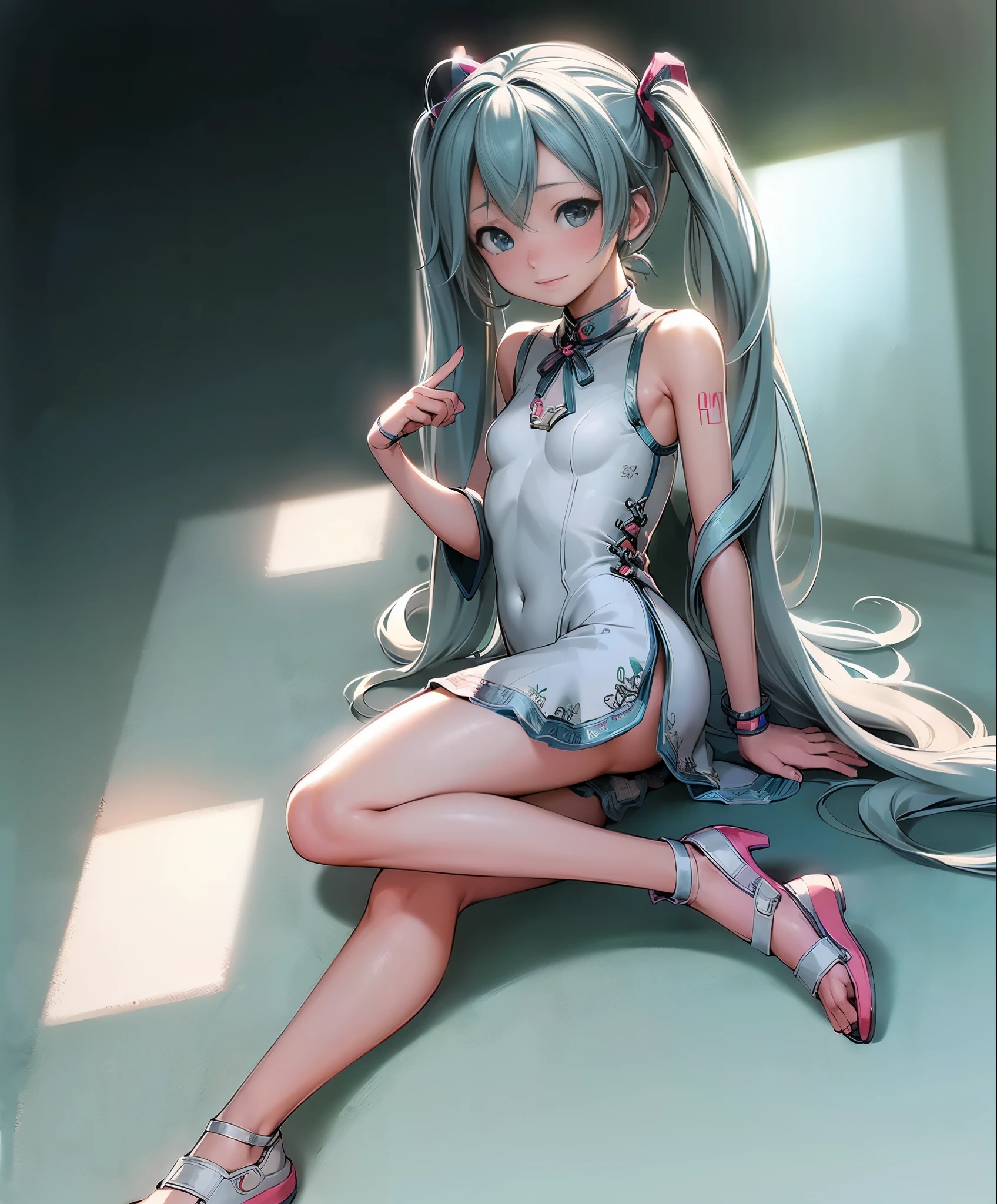 (masterpiece、highest quality、highest quality、official art、beautiful beautiful:1.2)、(1 girl:1.3)Hatsune Miku、twin tails,巨乳 Hatsune Miku, Sci-Fi costumes,science fiction city background,full body esbian,barefoot,Front view, Focus on appearance,reflect everything, (master piece) (8K high resolution) (best quality person) (super defined) (ultra photoreal sim)(Raw photo) (realistic) (bright lighting)