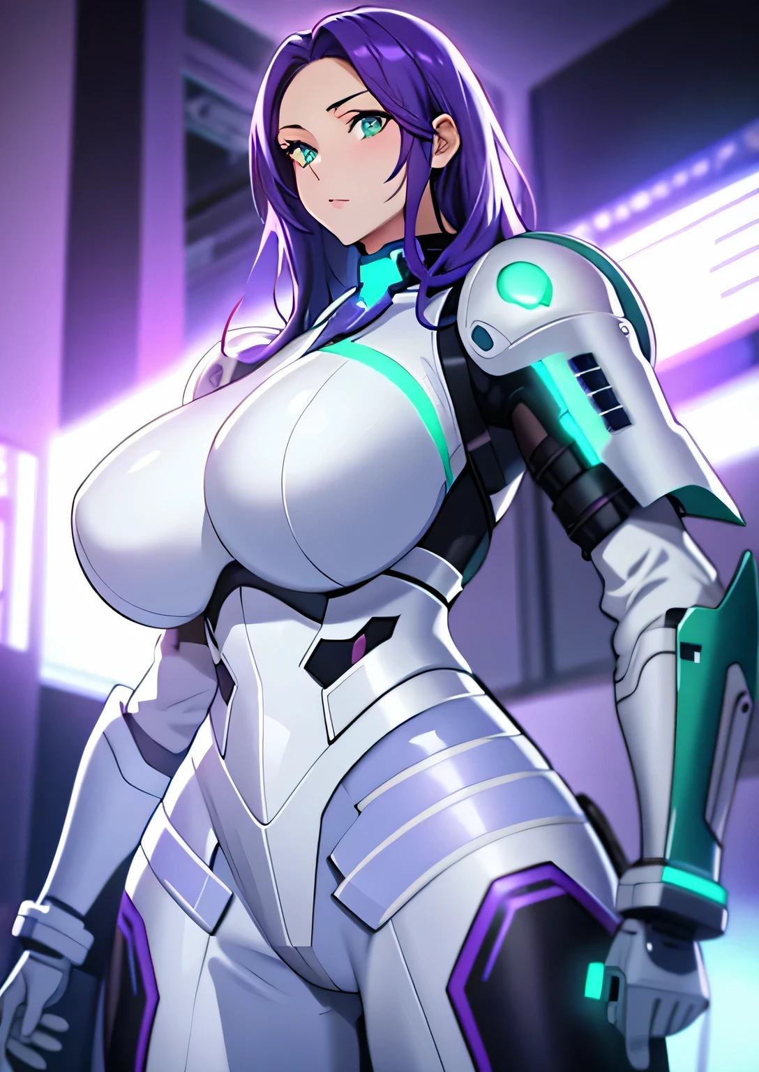 white sci-fi armor, purple blue hair,  green eyes, gigantic breasts, black pistol, solo, standing, ultra-detailed(best quality,highres:1.2), ultra-detailed eyes